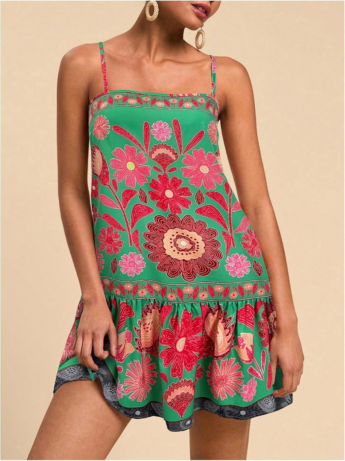 Women's Floral Boho Flowy Mini Cami Dress Ruffle Hem Spaghetti Strap Vacation Tank Dresses - Image 4