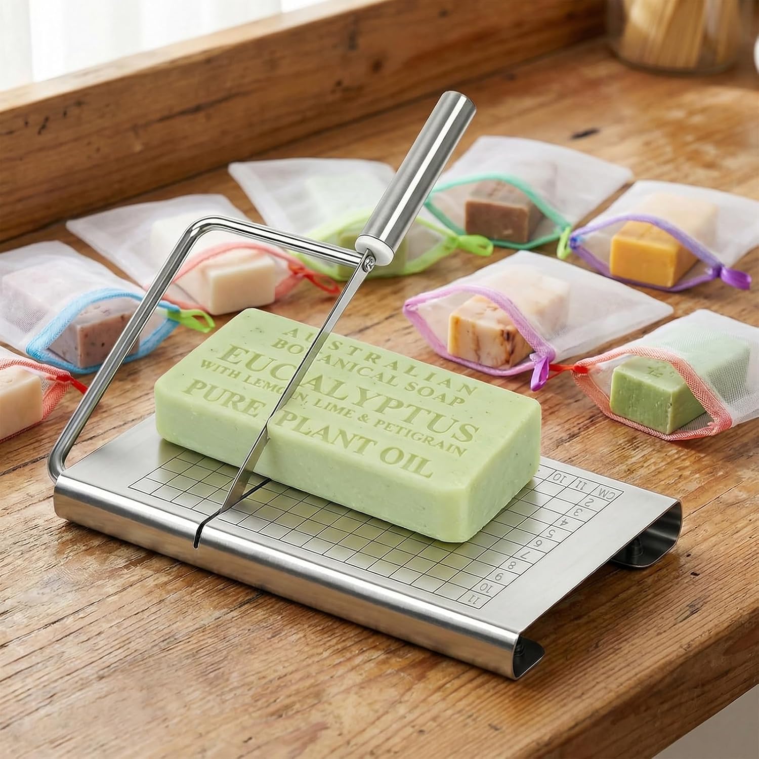 Soap Cutter for Handmade Soap,Stainless Steel Soap Cutters with Scale for Soap Making Loaf Slicer,DIY Craft Soap, Candle or Kitchen Butter Cheese.Includes 10 soap Bags