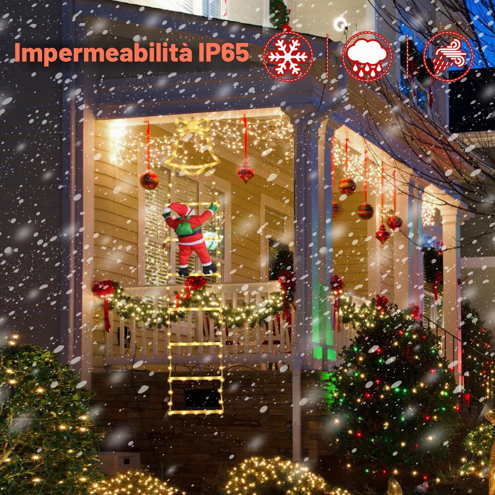 SelfTek Luci Decorative Natalizie a Scala con Babbo Natale Rampicante, Decorazioni Natalizie a LED con 8 Modalità di Luce per Interno, Esterno, Giardino (160cm/5.25ft, Bianco Caldo)