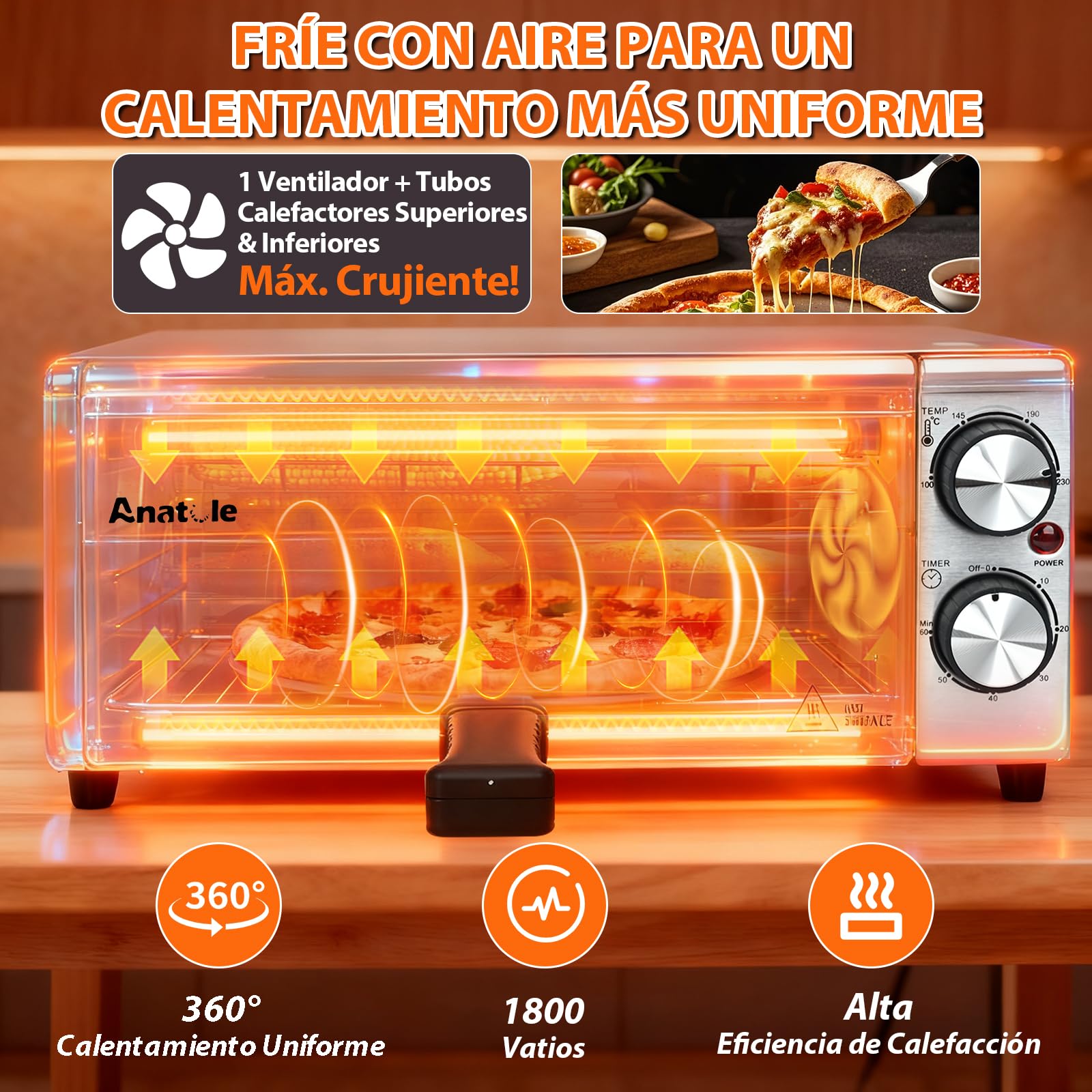 Anatole Horno de Pizza Eléctrico Freidora de Aire Acero Inoxidable 12" 1800W Pizzera Sobremesa Tiempo Temperatura Ajustable Pizza Oven Interior Multifuncional con Parrilla Bandeja Extraíble
