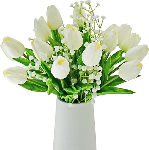 Mandy's - Ramo de flores artificiales de seda, 20piezas de tulipanes blancos y 3piezas de flor de nube,13.5pulgadas, al por mayor para decoración