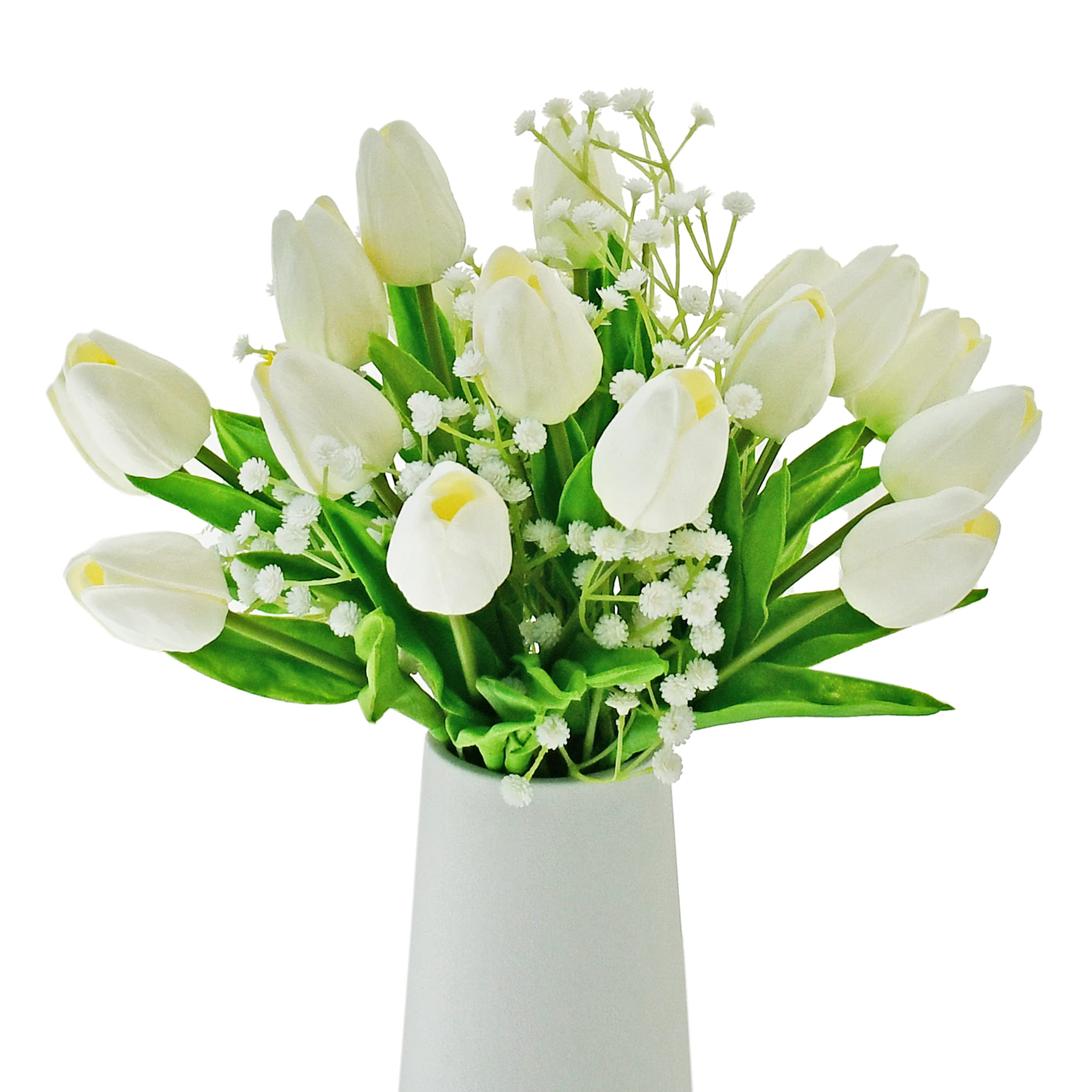 Mandy's 20pcs Artificial White Tulips and 3pcs White Baby's Breath