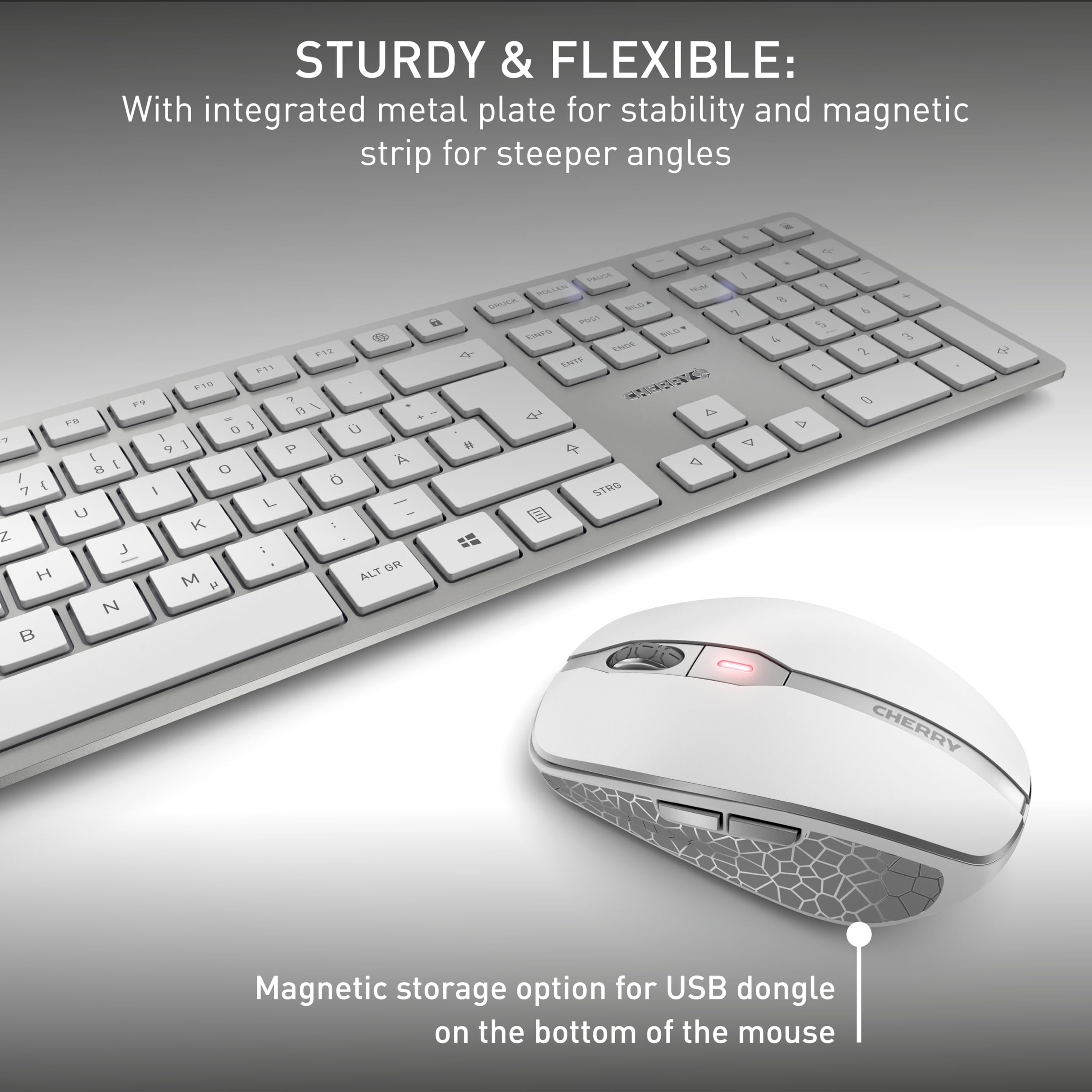 CHERRY DW 9100 Slim, belgijski układ klawiatury AZERTY, bezprzewodowy zestaw klawiatury i myszki, akumulator litowy, srebrny/biały