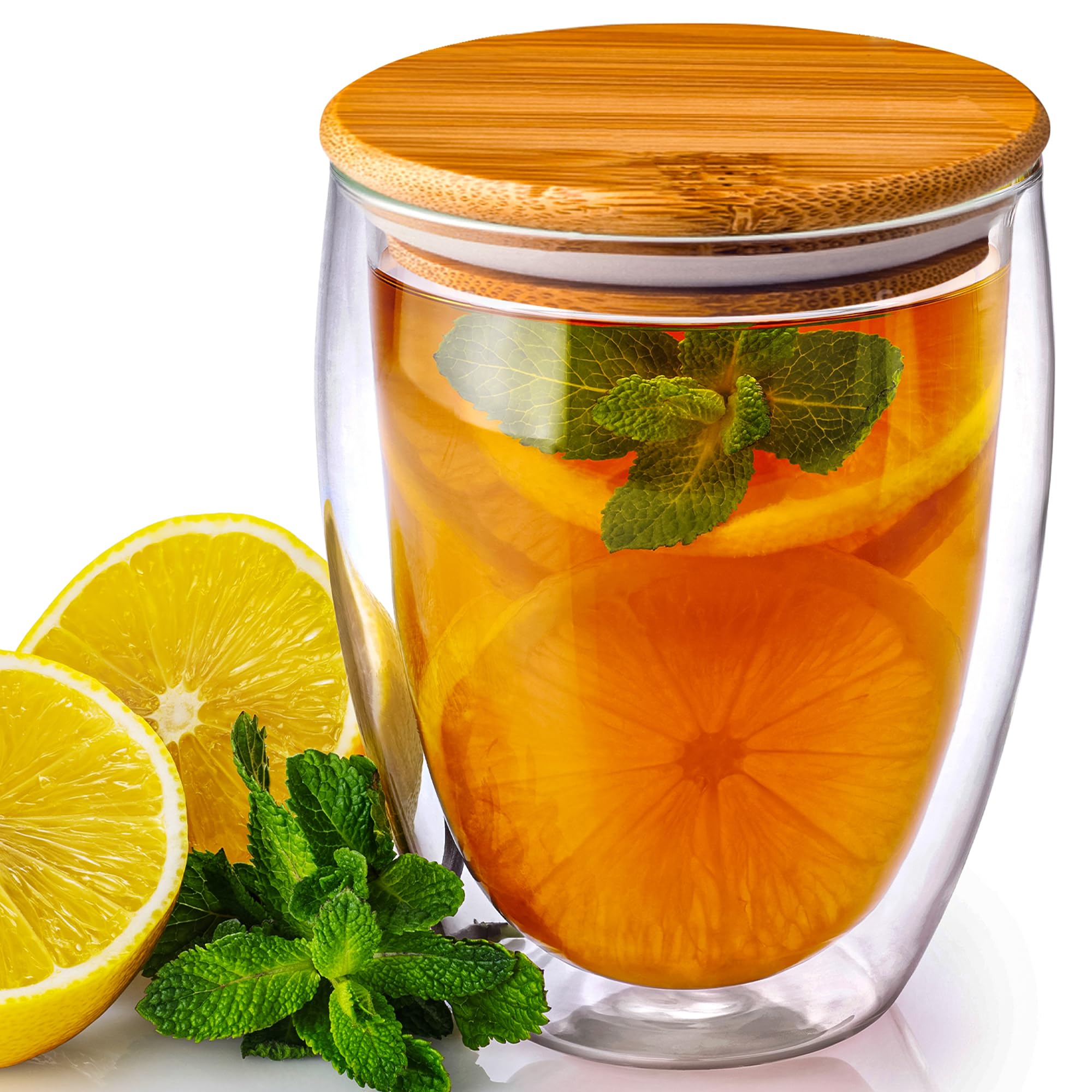 CrystaliaDouble Walled Glass Coffee Cups with Lids, Insulated Travel Mugs with Wooden Lid, Clear Tumblers for Hot and Cold Beverages as Coffee, Tea, 16 fl oz