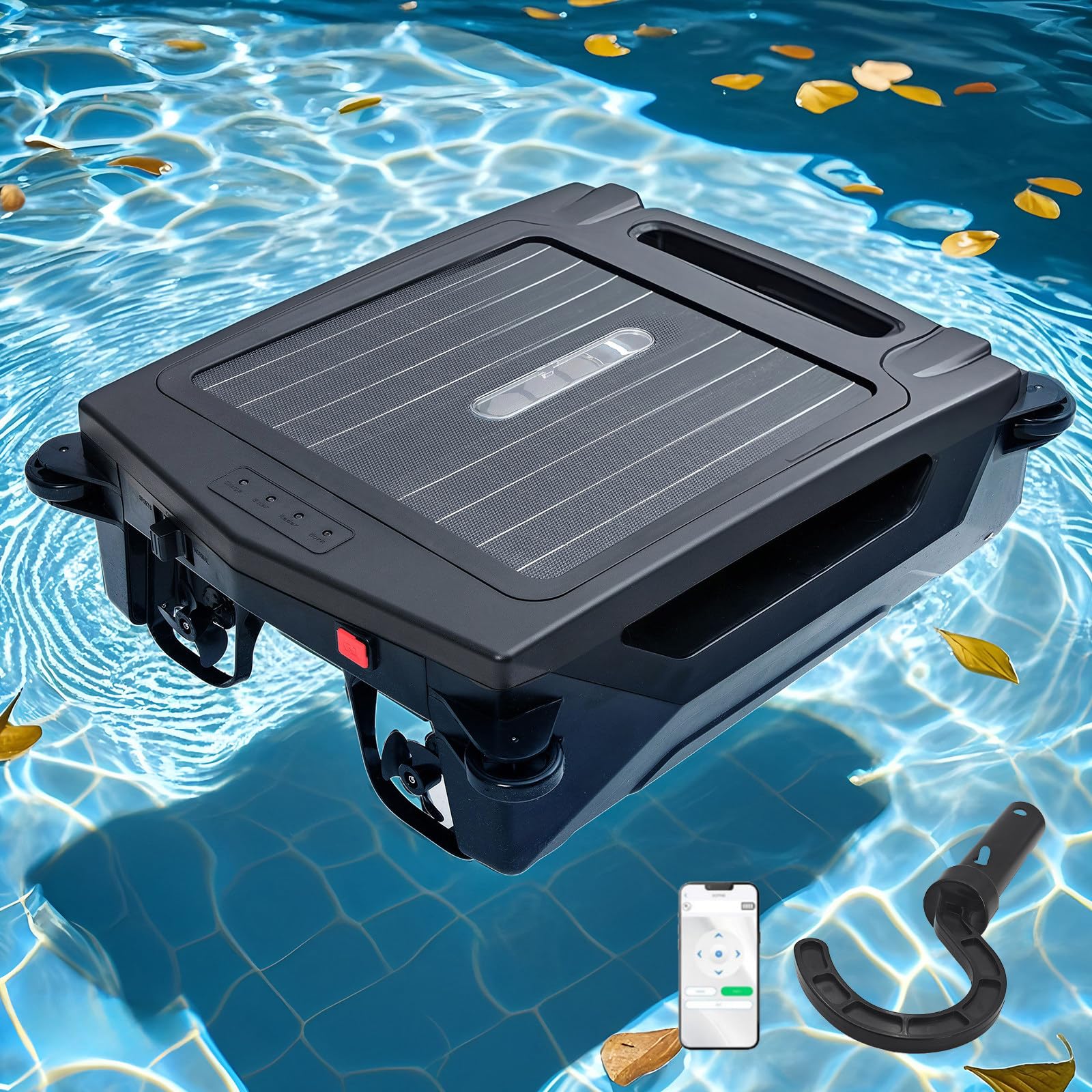 Robot Piscina Solare – Controllo App, Pianificazione Automatica del Percorso e Evitamento Ostacoli, Ampio Cestello da 4,1L per Foglie, Funziona in Piscine Fuori Terra e Interrate Black