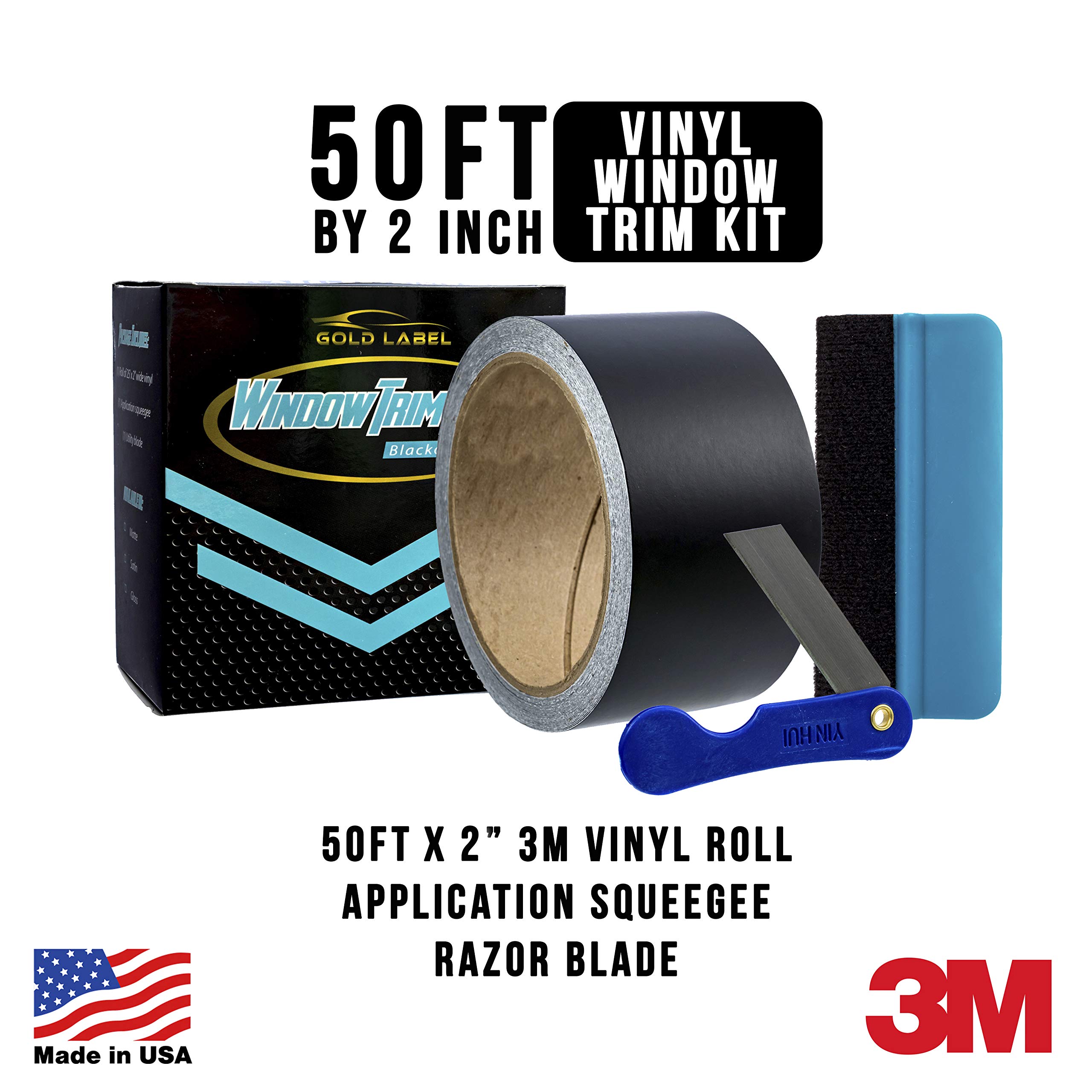 Gold Label Detailing 3M Black Out Trim Chrome Delete Vinyl Wrap Kit | 25ft Roll of 3m Scotchprint 1080 | Felt Edge Squeegee and Razor Blade Included (Gloss, 2" by 50ft)