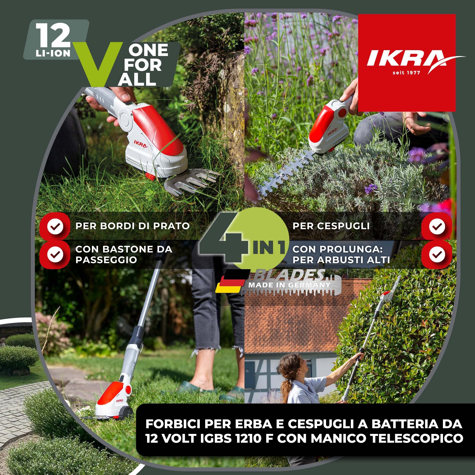 IKRA cesoie per erba e arbusti a batteria telescopiche IGBS 1210 F, incl. batteria 12V e caricabatteria, lame Made in Germany