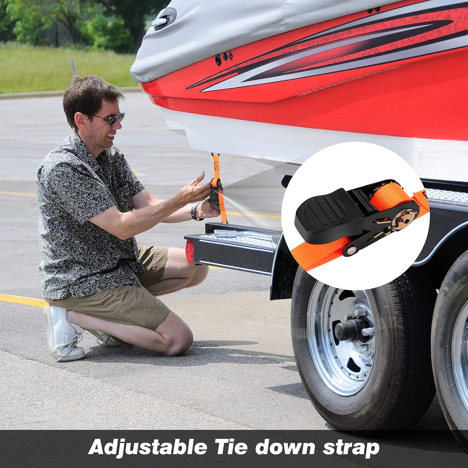 WELLUCK Boat Trailer Transom Tie Down Straps 2400 LBS, 1 Inch x 4 FT Heavy Duty Retractable Ratchet Straps Tie Downs to Trailer Marine Jet Ski Pontoon, with Quick Release Buckle & Anti-Scratch Hooks : Sports & Outdoors