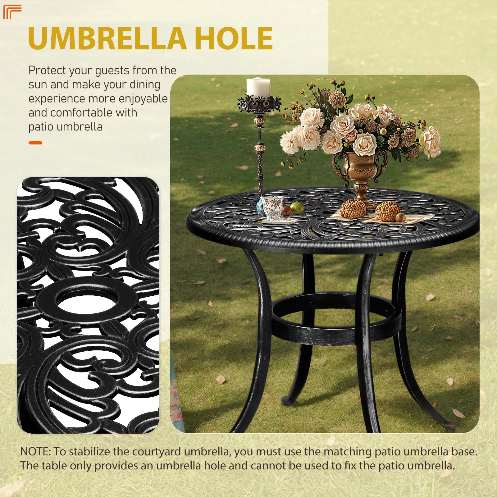 Outvita Black 23.6in Cast Aluminum Round Bistro Table with Umbrella Hole