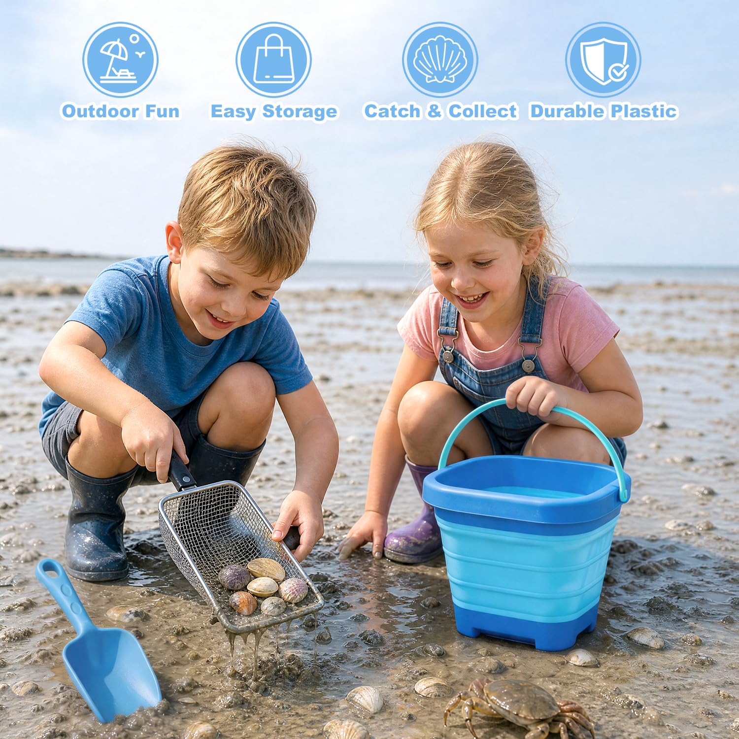 HUKUMA Zabawki do piaskownicy od 3 lat, 4 sztuki składanych wiadra z łopatką, sitkiem do piasku i sieciarką, zabawki plażowe dla dzieci, zabawki plażowe 3 4 5 lat, wielofunkcyjne wiadro na plażę