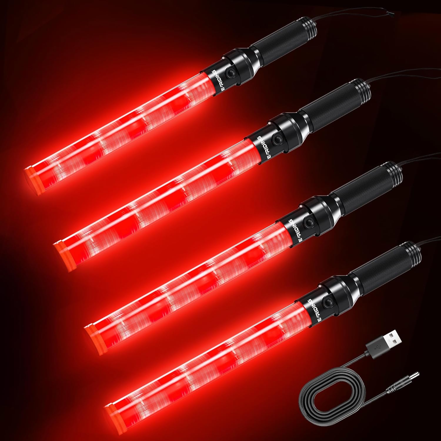 4 Pack 16 Inch Rechargeable Traffic Wand, Red Traffic Control Baton with 2 Flashing Modes, LED Safety Light Wand, Air Marshaling Wand for Airport, Parking, Car Directing