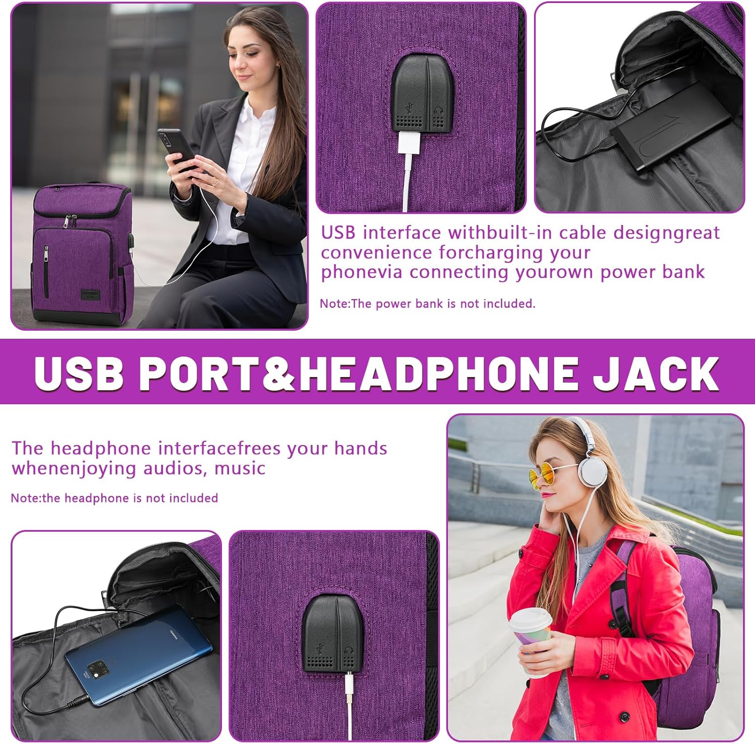 YALUNDISI Laptop Backpacks Travel Backpack Carry On Backpack Casual Daypack with USB Charging Port for Men Women Purple - Image 5