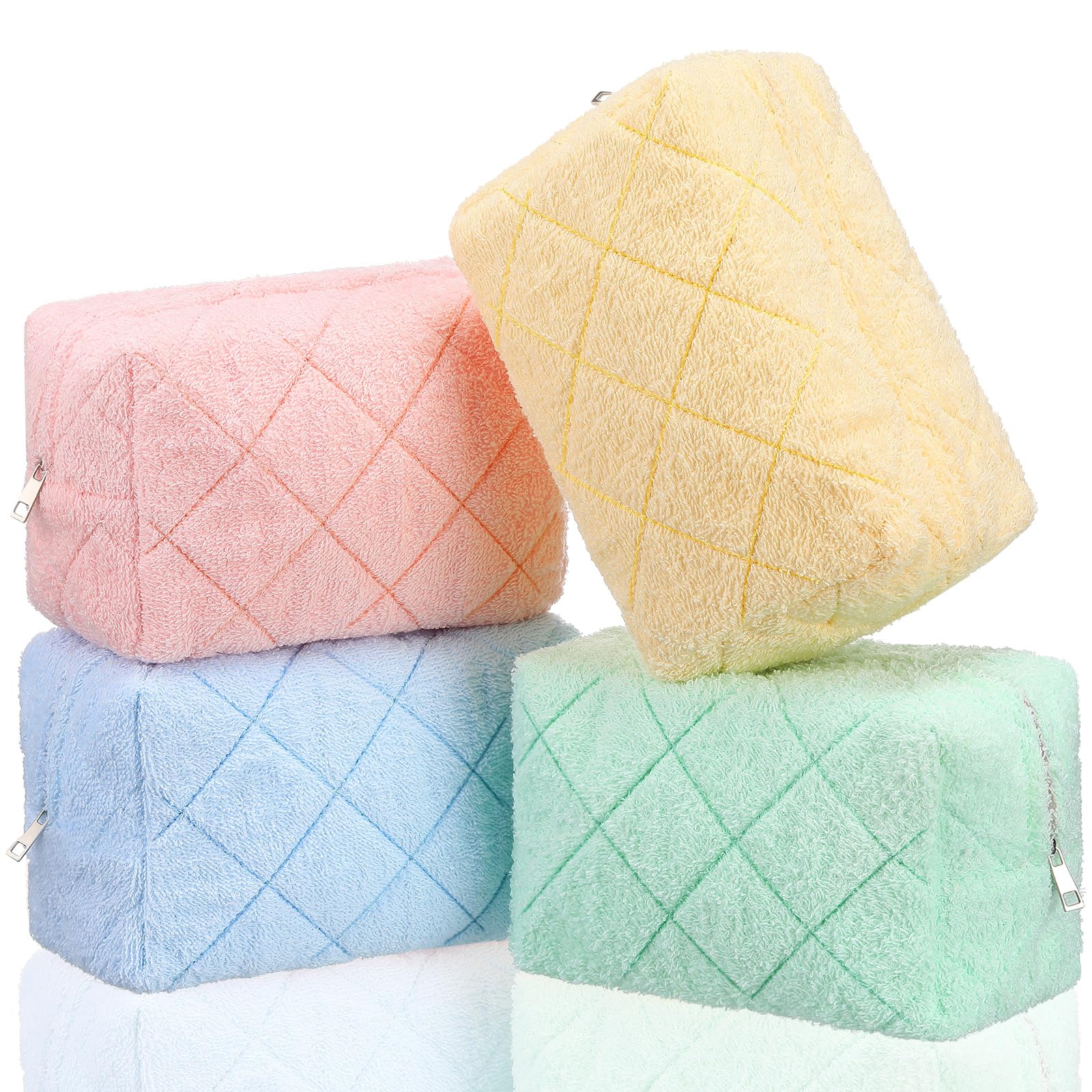LEIFIDE 4 Pcs Terry Cloth Makeup Bag Quilted Cosmetic Bag Cute Makeup Pouch with Zipper Travel Toiletry Bag Preppy Stuff Organizer Brushes Storage Bag for Teen Girls Women Gift, 4 Solid Colors, pink, green, yellow, blue, about 7 x 4.5 x 3.4 inches/ 17.8 x 11.5 x 8.5 cm-image-8
