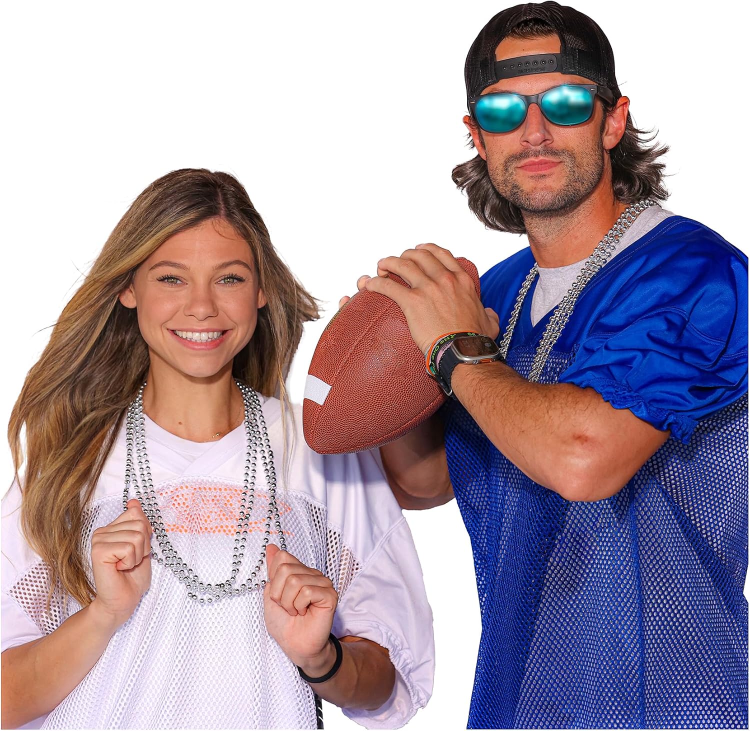 Silver Mardi Gras Beads - 33 inch, 7mm, 72 Necklaces and Mask with Feathers Set of 6