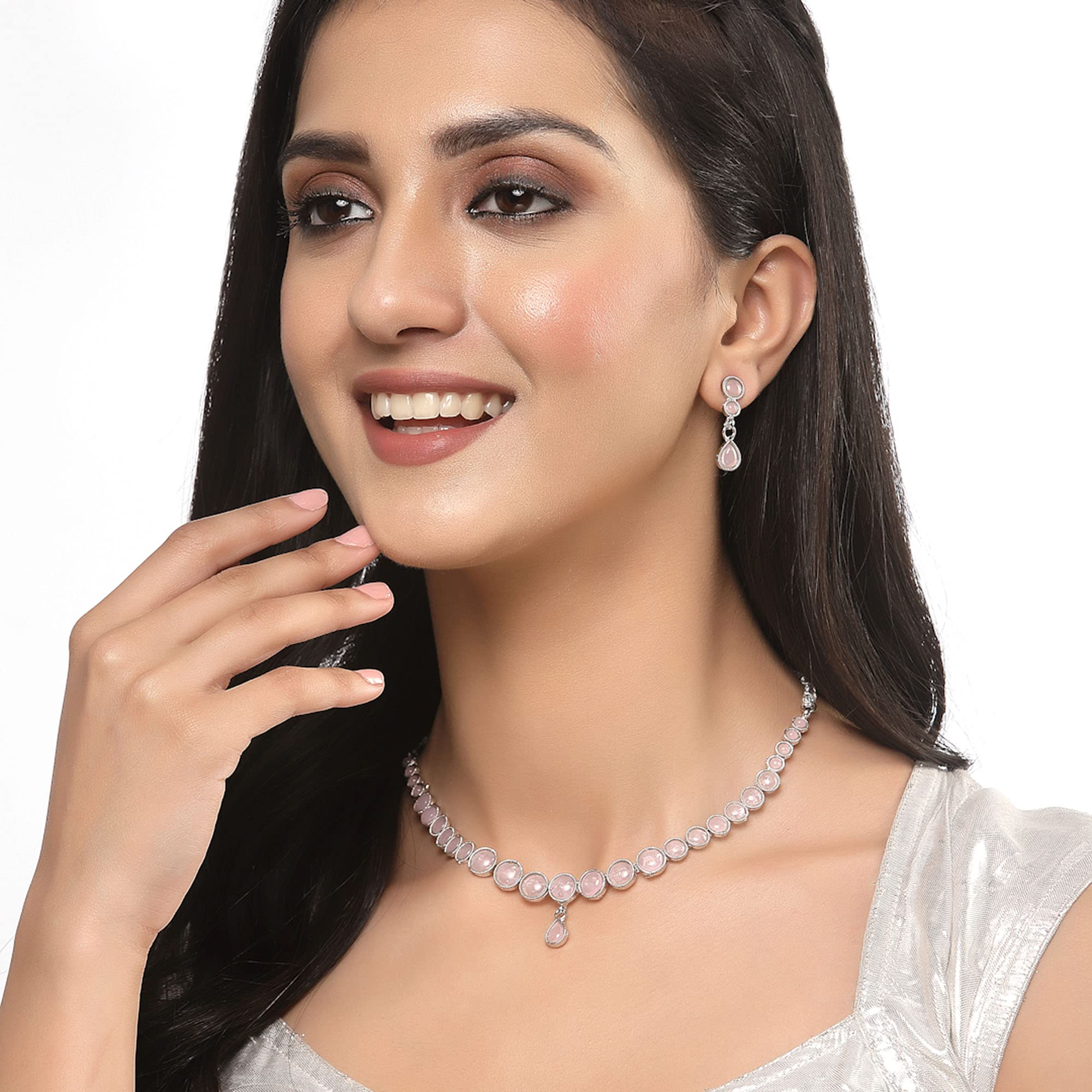 Oxidised Silver-Plated Round American Diamond Necklace Set