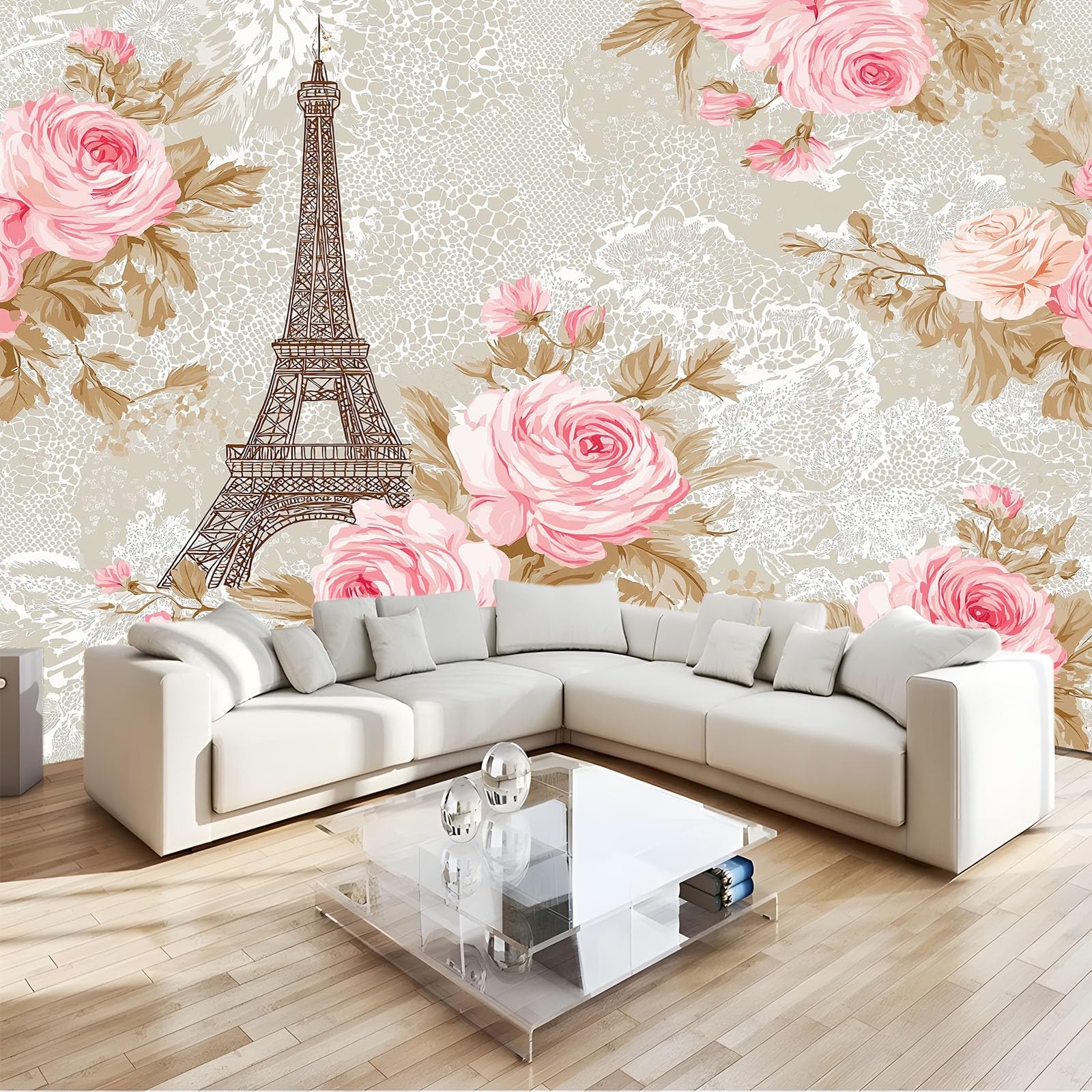 Générique Panoramiczna tapeta w stylu vintage romantyczna wieża różowa koronka 250 x 175 cm, tapeta 3D ciemnoszara z włókniny, gigantyczny plakat do salonu, sypialni i biura