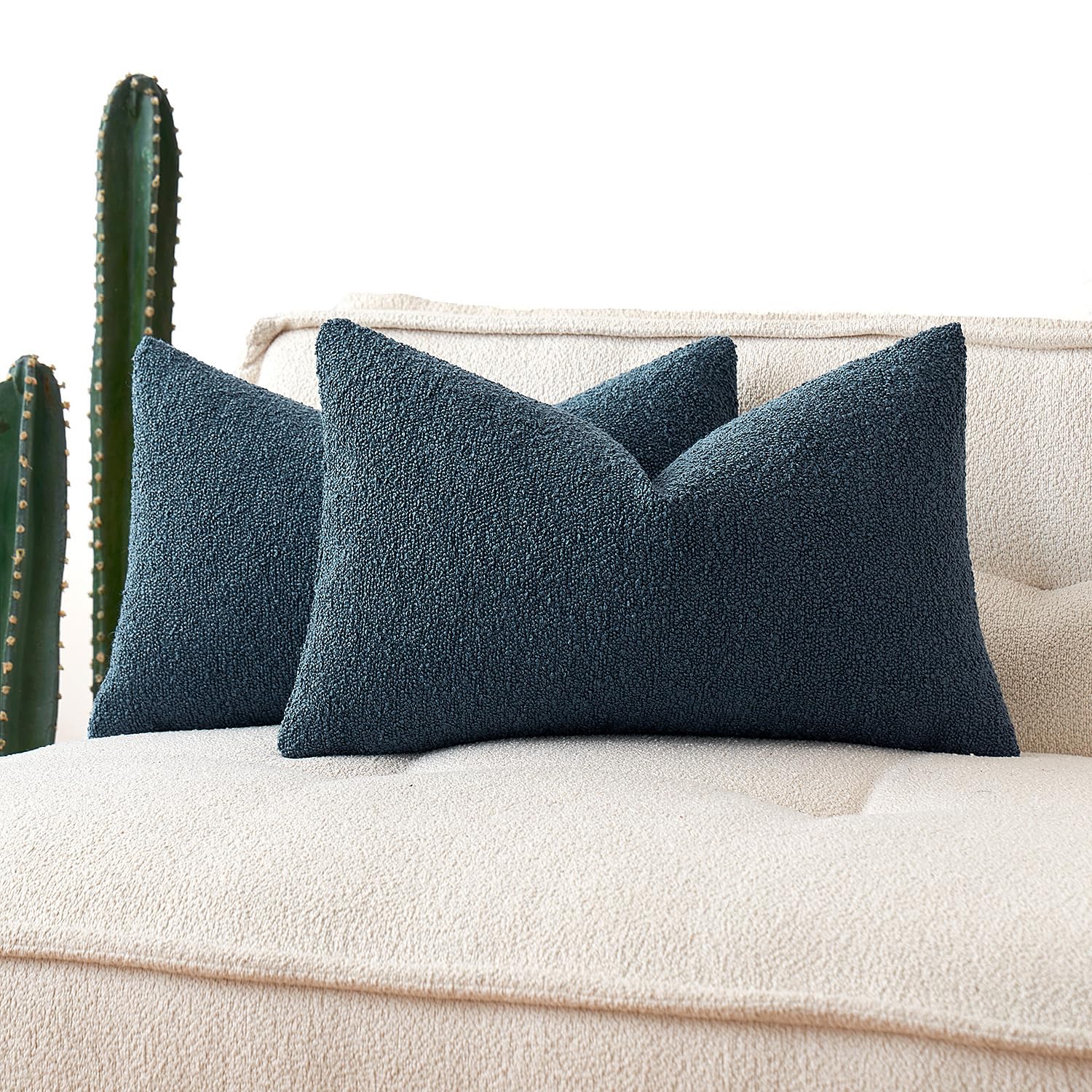MIULEE Set of 2 Dark Blue Throw Pillow Covers 12x20 Inch Decorative Couch Textured Boucle Accent Solid Cases Soft for Cushion Chair Sofa Bedroom Livingroom Home Decor
