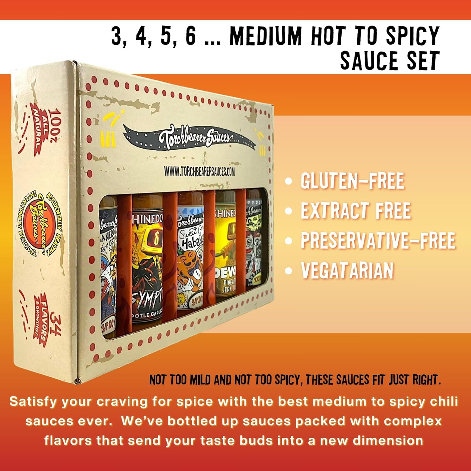 Torchbearer Sauces Spicy 5oz Hot Sauce Variety 5 Pack Gift Set - Shinedown's Symptom Chipotle Garlic and Devour Pineapple Jerk Sauces, Son of Zombie Wing Sauce, Sweet Onion Habanero, Habanero Evil