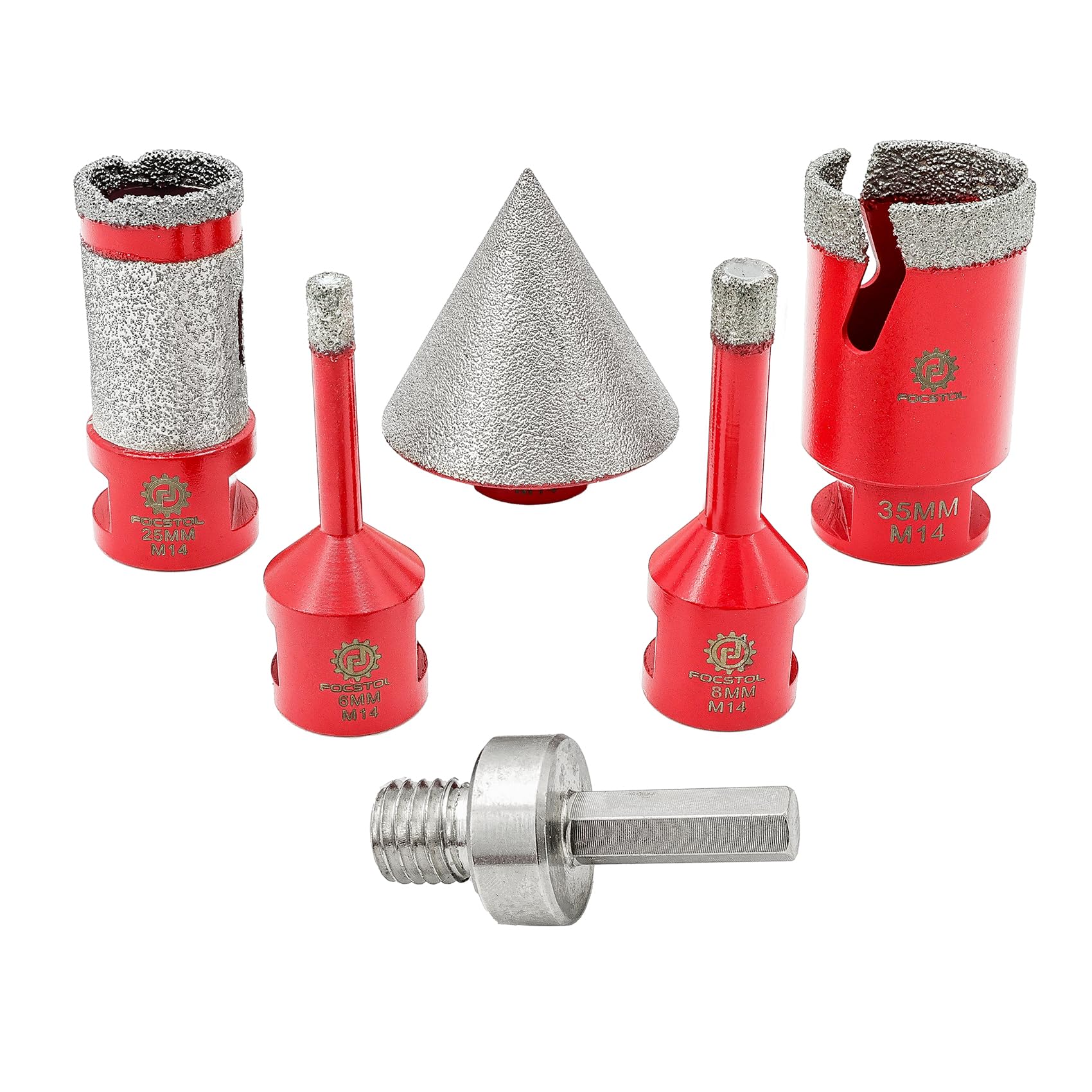 FOCSTOL Diamond Drill Bit Set, Tile Hole Cutter Set 6pcs (6/8/35mm+50mm Beveling Chamfer Bit+25mm Drilling Milling Bit+Hex)