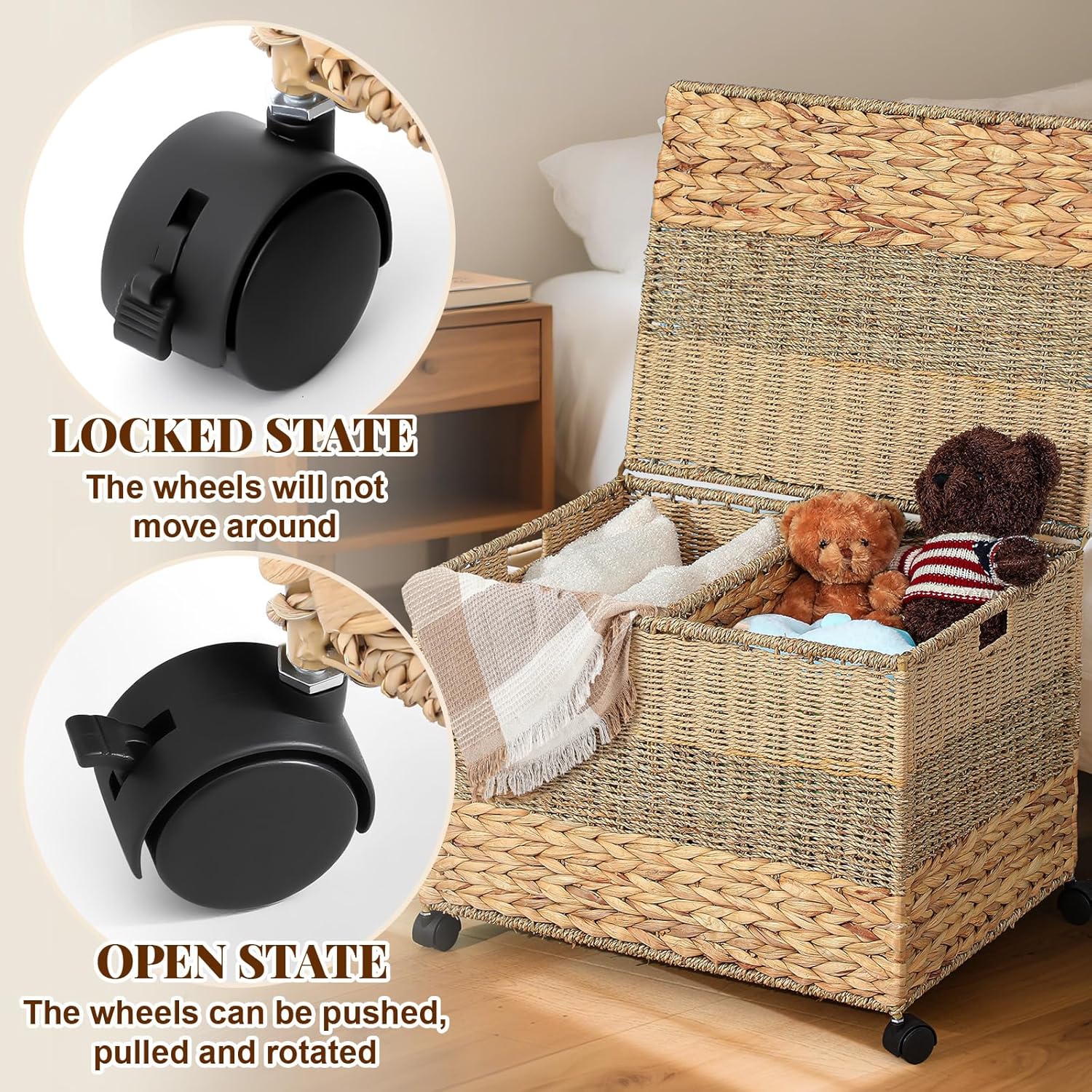 Rolling Wicker Storage Basket 23×17.5×16 Inch Toy Basket with Lid and Locking Wheels t for Blanket Bedroom, Laundry Room Natural