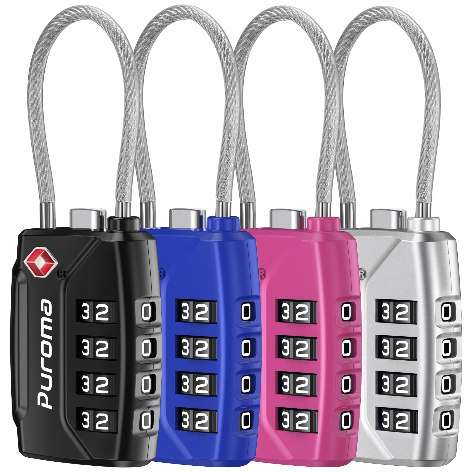 Puroma TSA Approved Luggage Lock, Multicolor 4 Digit Combination Travel Cable Locks Resettable Code Lock with Zinc Alloy Body for Suitcase, Backpack,
