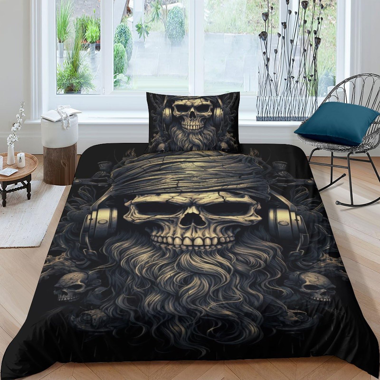 Geeyou Gothic Skeleton Comfortable Bedding Set Hidden Zipper Skull Duvet Cover Set With Pillowcases Comforter Cover Soft Microfiber Quilt Cover Set Various Sizes Single（135X200cm）