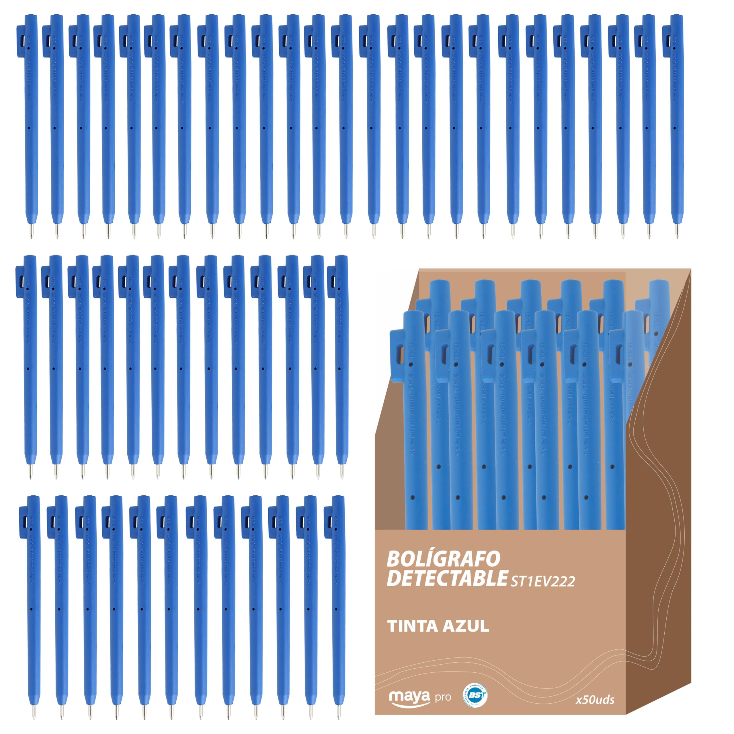 Maya ECO Pen V2.0 without Clip. Antibacterial and Detectable. Made with Food Grade Polypropylene. Writing Up to 2800 Metres. Box of 50 Units (Blue Ink)