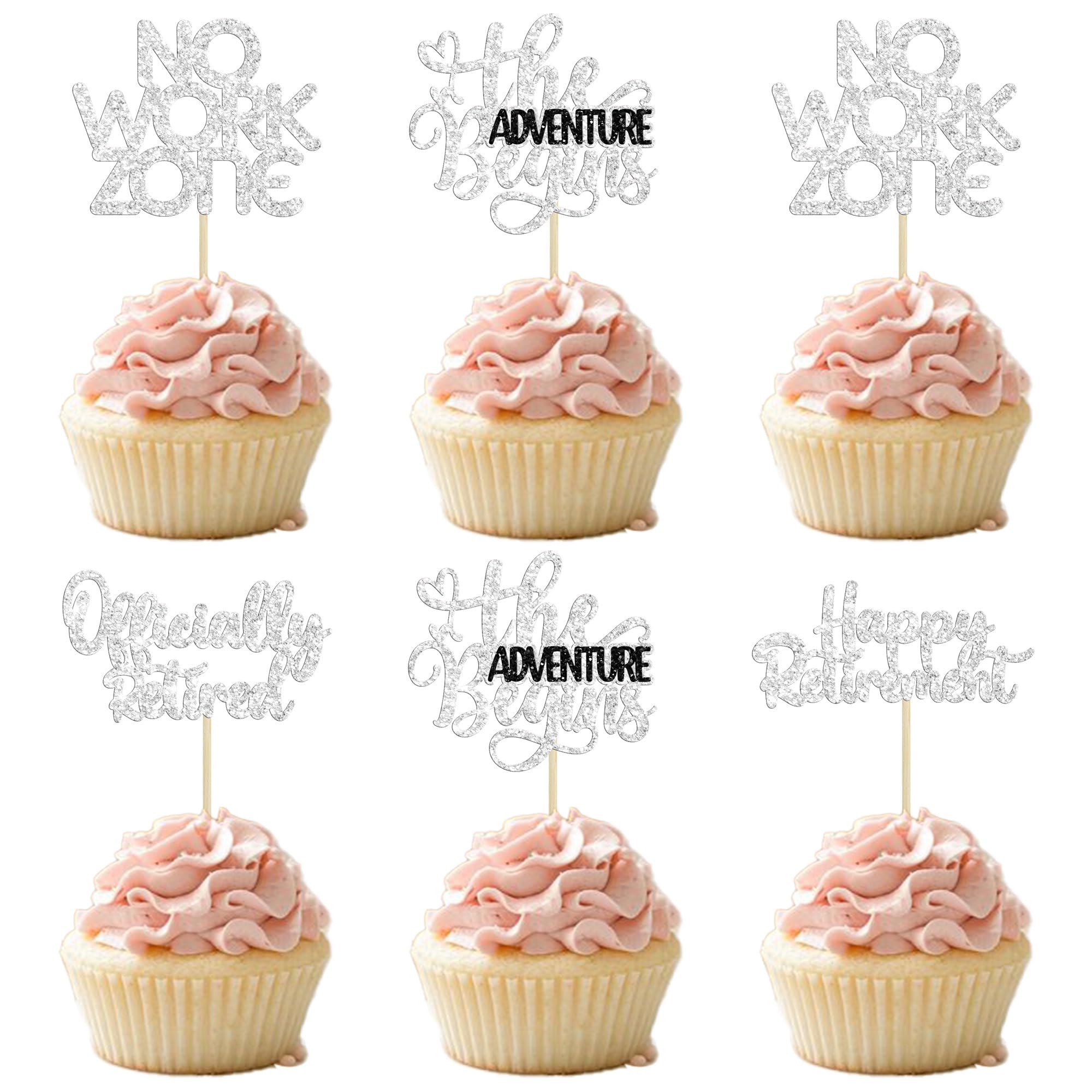24Pcs Happy Retirement Cupcake Toppers Officially Retired Cake Toppers No Work Zone Adventure Begins Cupcake Picks Retirement Theme Farewell Birthday Party Decorations Supplies Silver