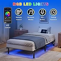 Vista 3 de Base de cama tamaño individual con LED, base de cama metálica de acero de 18 cm para somier y colchón, base de cama resistente básica con estación