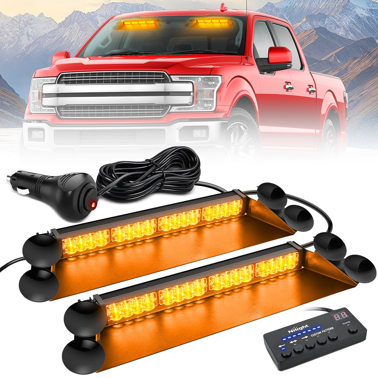 Nilight 32LED Amber Dash Strobe Light w/Controller Windshield Mount