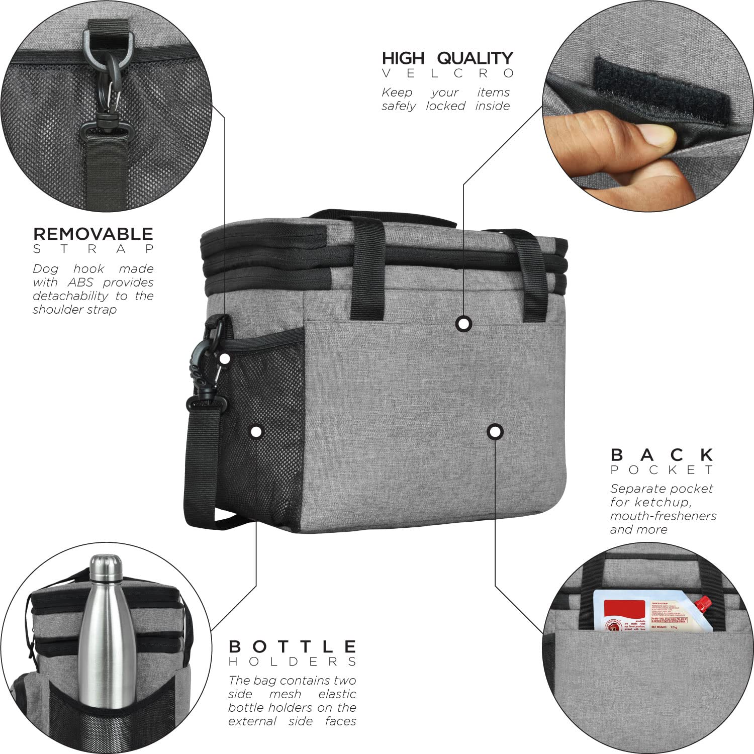 FATMUG Portable Insulated Small Lunch Bag - Keeps Food and Drinks Cool and Fresh - Light Grey 3