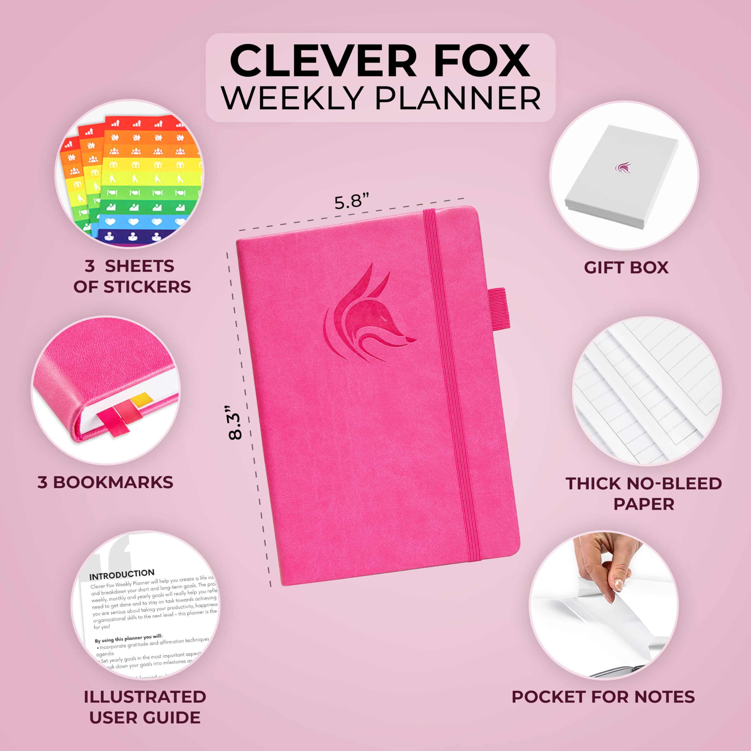 Planificador Clever Fox - Agenda Semanal Mensual Diario Para Disparar la Productividad, Motivación, Felicidad, Éxito y Lograr tus Metas - Calendario Organizador de Tareas - Rosa
