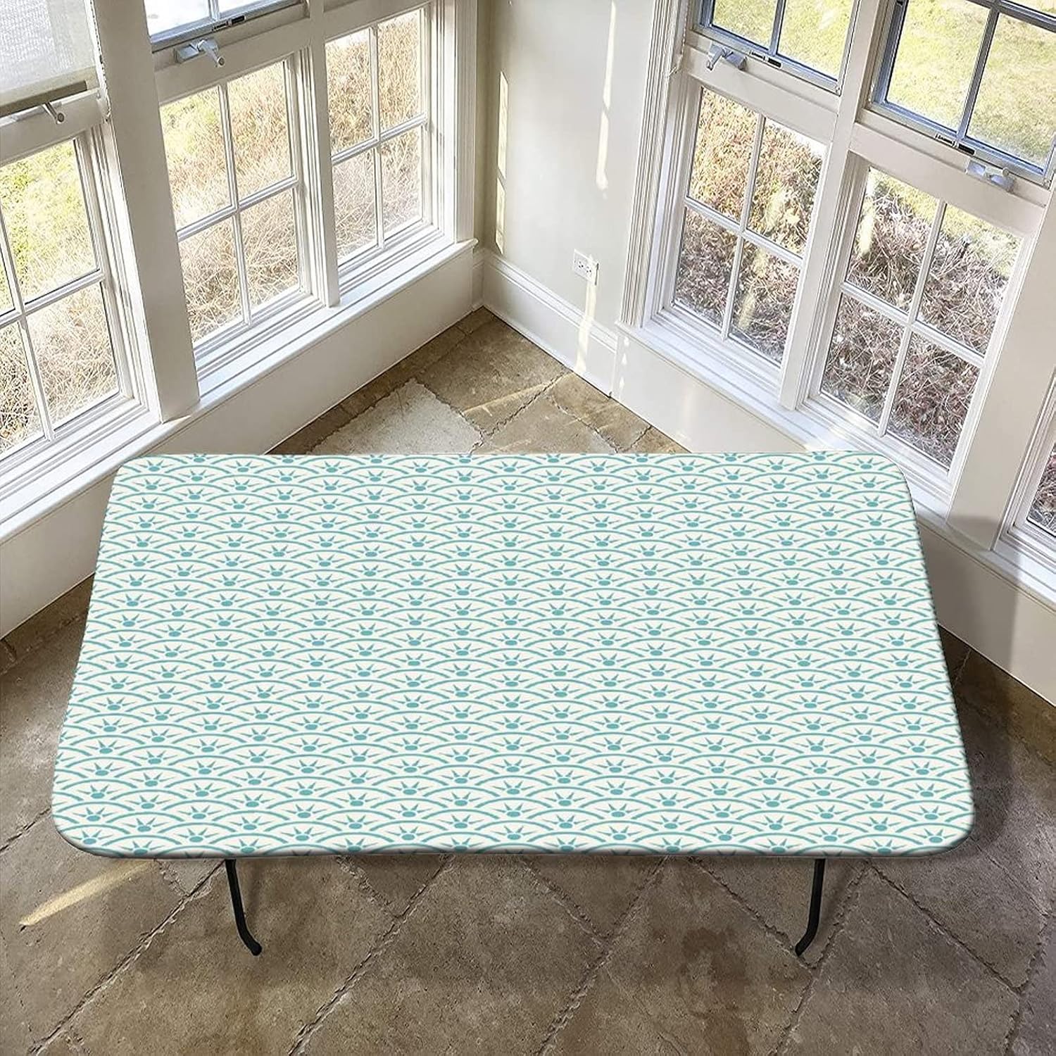 Japanese Decorative Elastic Fitted Tablecloth, 36" x 107" Rectangle Table Cover for 9ft Folding Table,Ocean Curvy Rippled Aqua Print Fitted Table Cover Protector,for Camping Dining Outdoor Park Patio