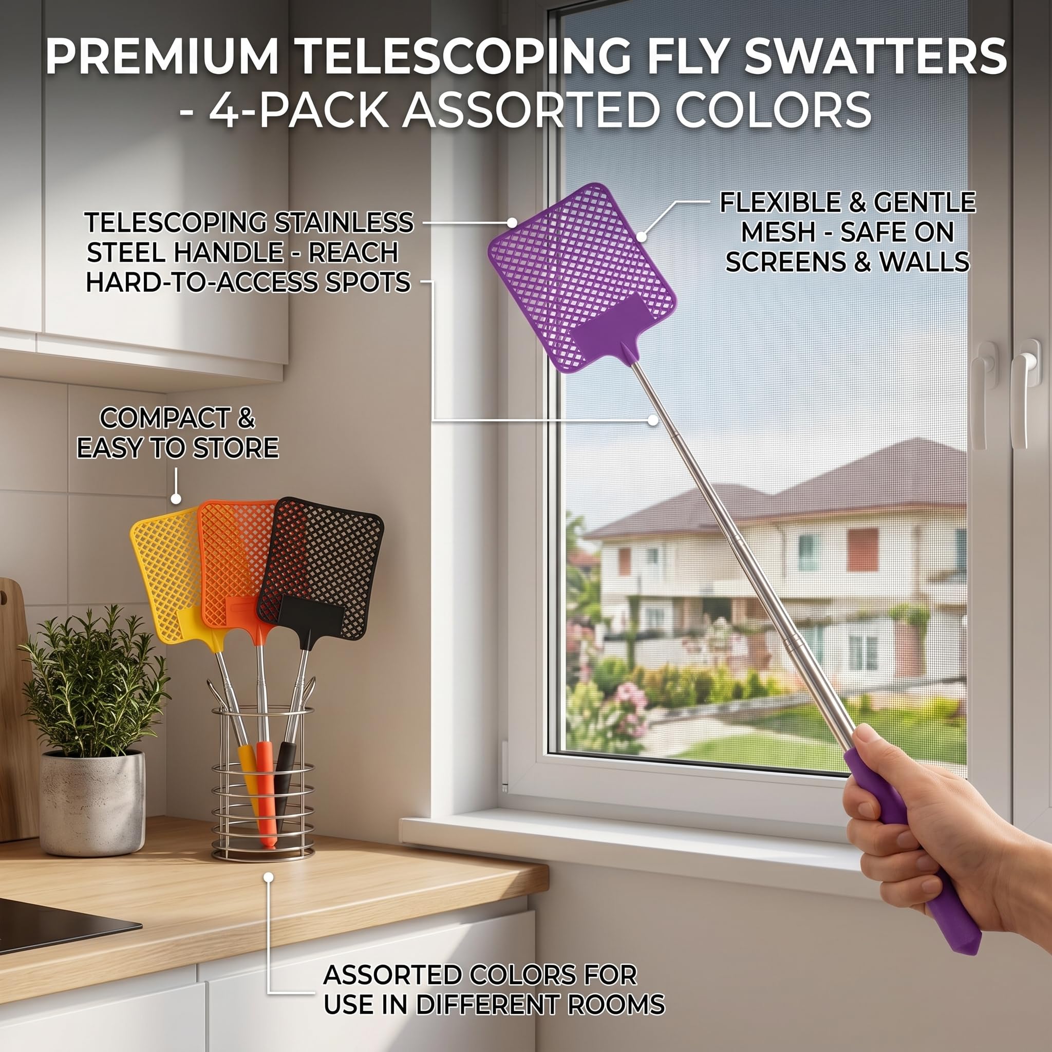 Scacciamosche telescopico Estensibile 4 Pezzi swatter zanzare Insetti a Mano 27.5-76 cm Colori Assortiti Uso Interno Esterno casa Ufficio Viaggio