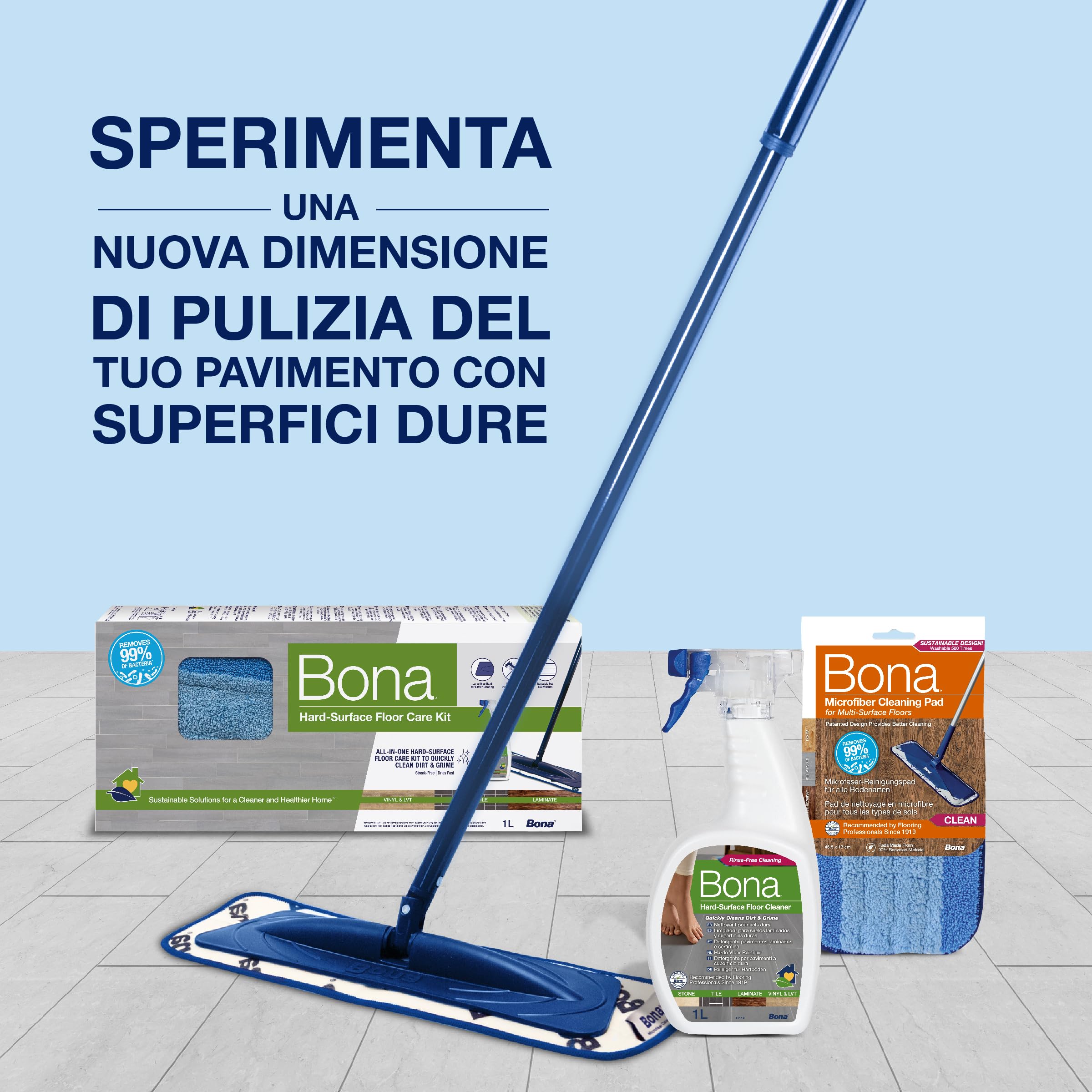Bona mocio per pietra, piastrelle e laminato, set di mop con detergente da 1 L e tampone di pulizia in microfibra, prodotto per laminato, detergente per pavimenti pvc, LVT, panno, piastrellato