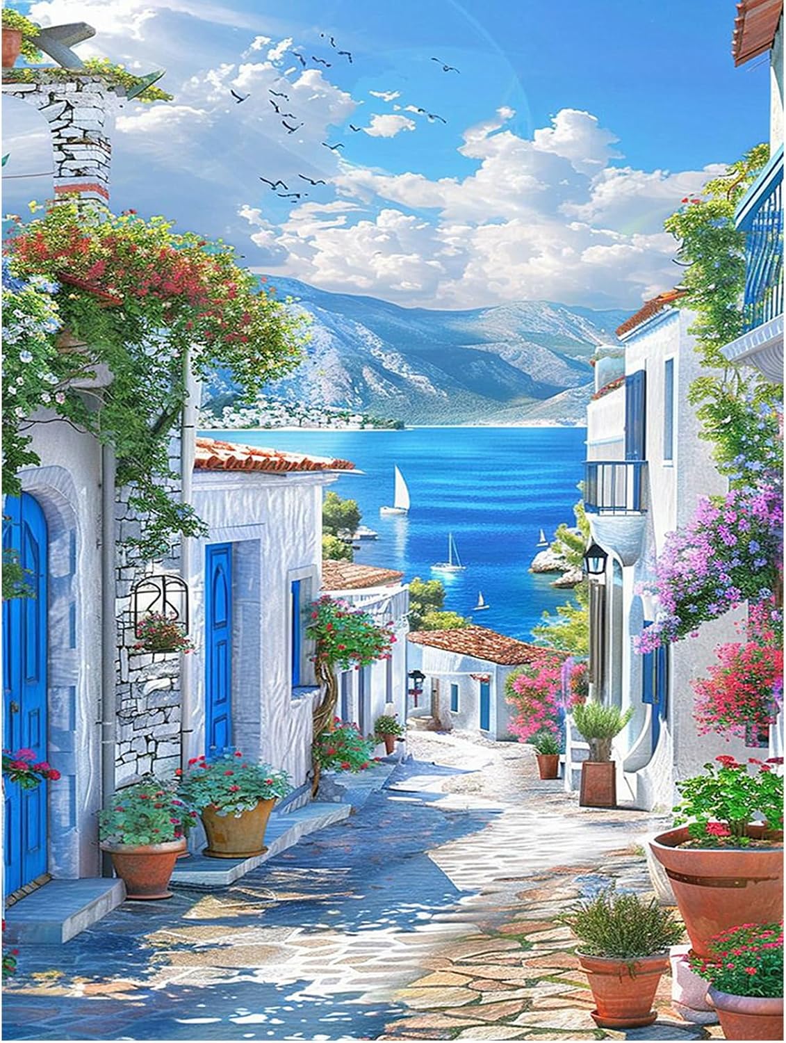 SHEGZHUC 40 x 50 cm Square Stones Diamond Painting House by the Sea Santorini Aegean Sea Diamond Painting Landscape Mountains Mosaic Diamond Painting Art Embroidery Cross Stitch Pictures Gift Wall