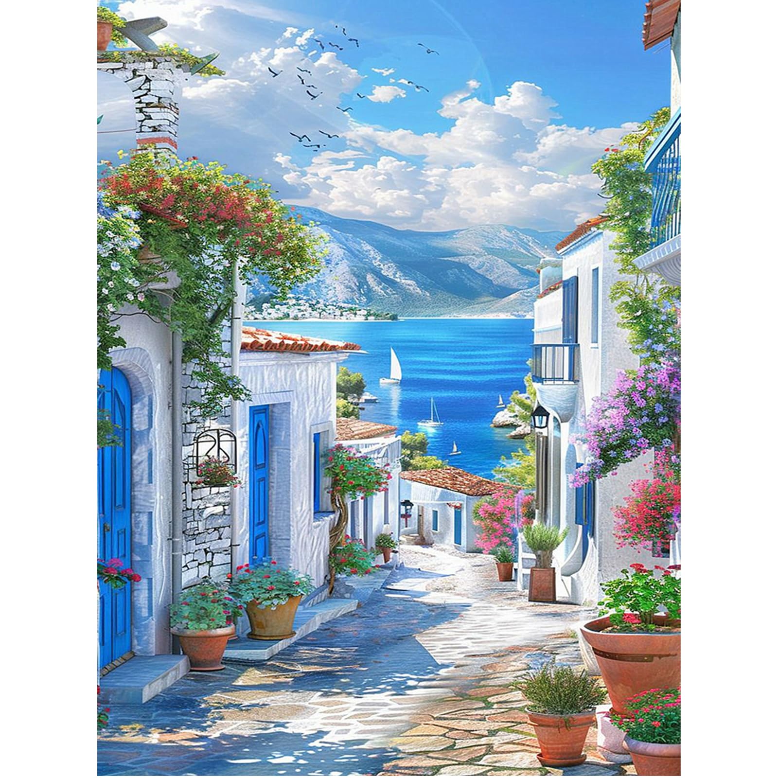 DPHERO DIY Diamant Painting Santorin – 5D Blumen & Ägäisches Meer Motiv, 30x40 Cm Set Für Erwachsene