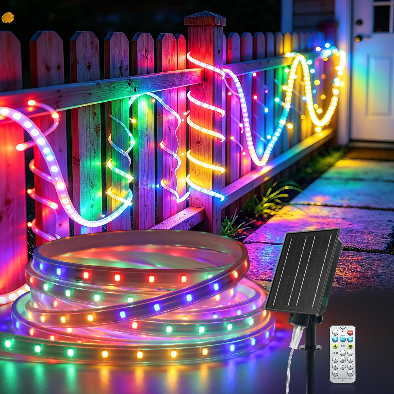 Solar LED Strip, Solarbetriebene 2835 SMD LED Streifen Außen, 8 Modi, 64Leds/m, Schneidbar, IP65 Wasserdicht Flex LED Leiste Lichtband Schlauch für Garten, Balkon, Treppe (Mehrfarbig, 20M)