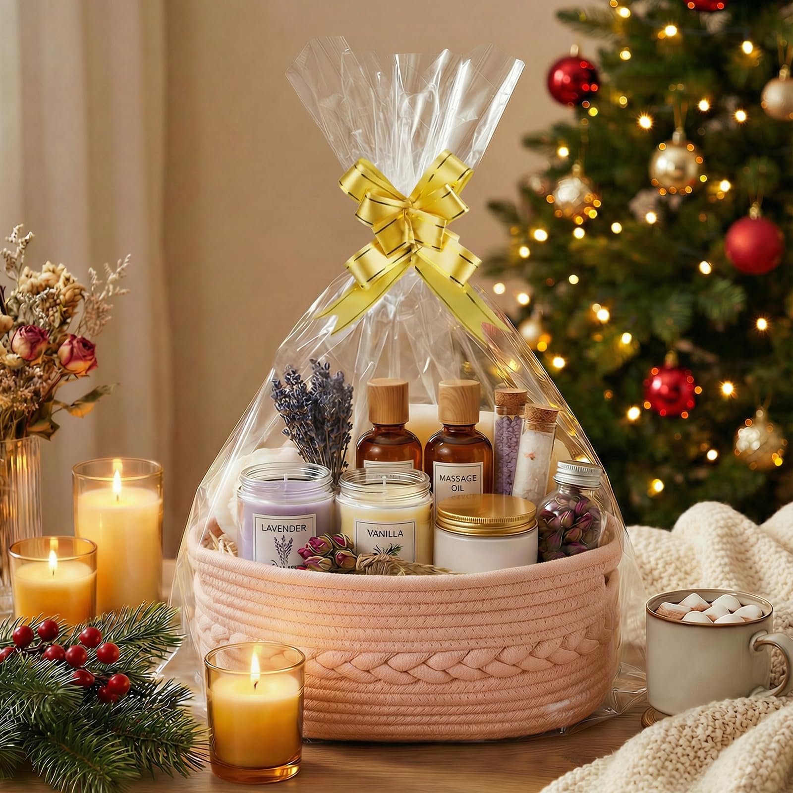 COSYLAND Small Woven Rope Basket with Handles – Soft Decorative Cotton Storage Bin for Nursery with Gift Ribbons and Bags - Basket Organizer for Gifts & Winter (Dusty Rose,30Lx20Wx13H) — image 1