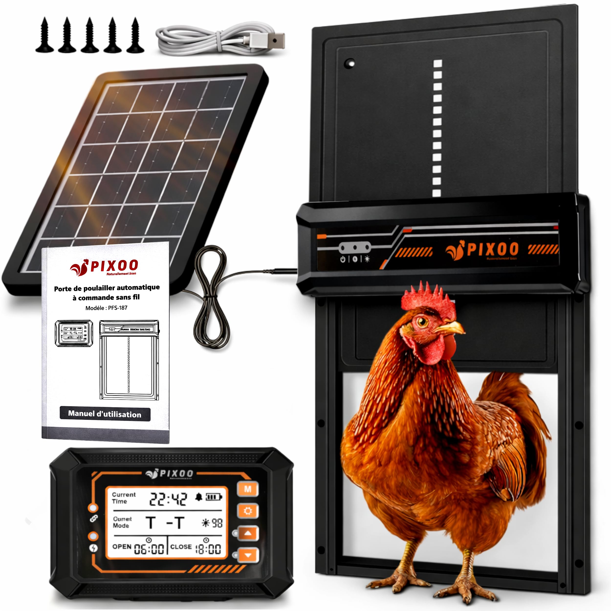 Porte Poulailler Automatique Solaire, Télécommande 120m, 4 Modes Timer/Luminosité, Anti-Pincement, Aluminium IP45, Batterie Rechargeable, 24x28cm