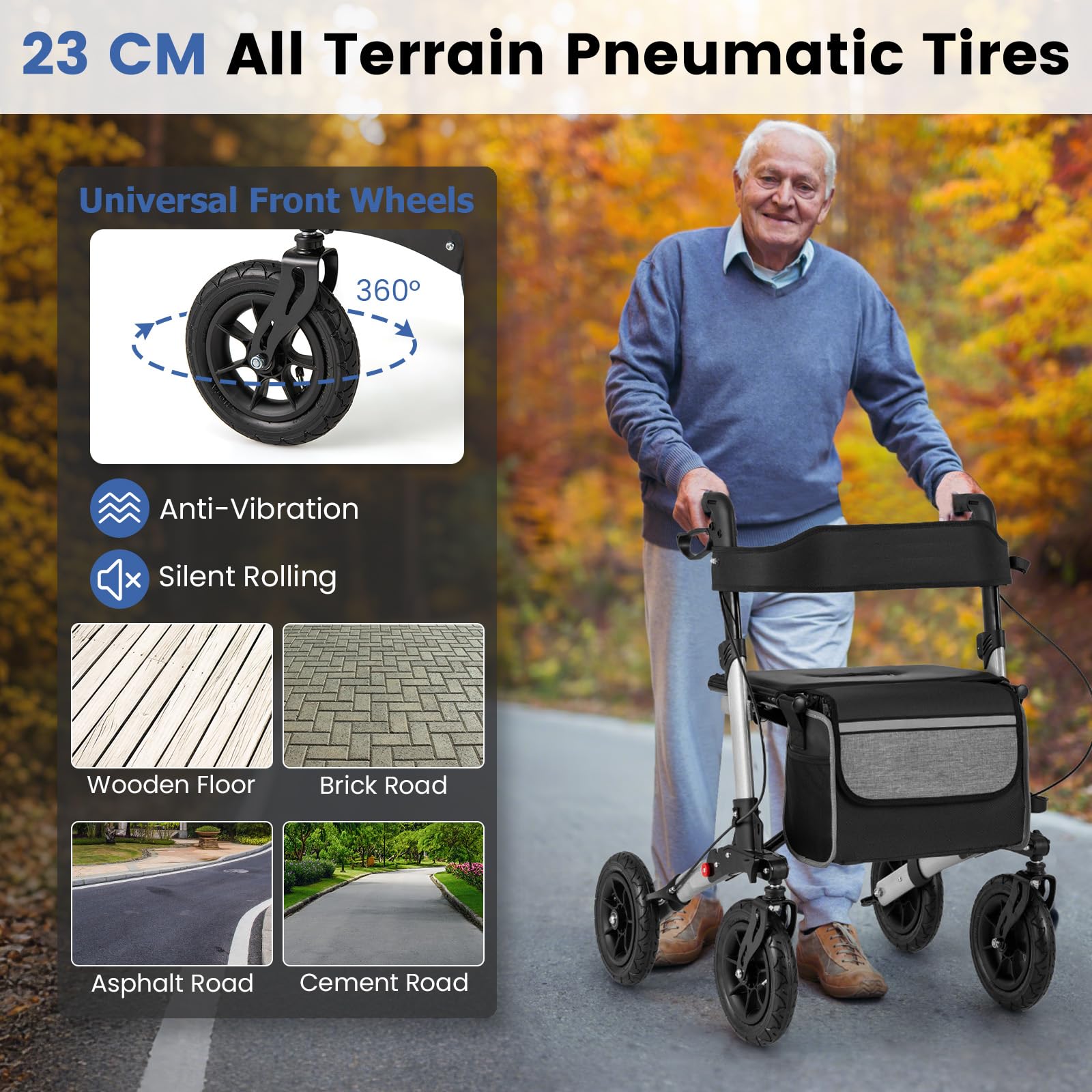 HOMASIS Andador plegable y ligero 2 en 1 para silla de ruedas, con asiento, 7 alturas ajustables, carrito de aluminio para personas mayores, andador de viaje con soporte para bastones, bolsa, hasta