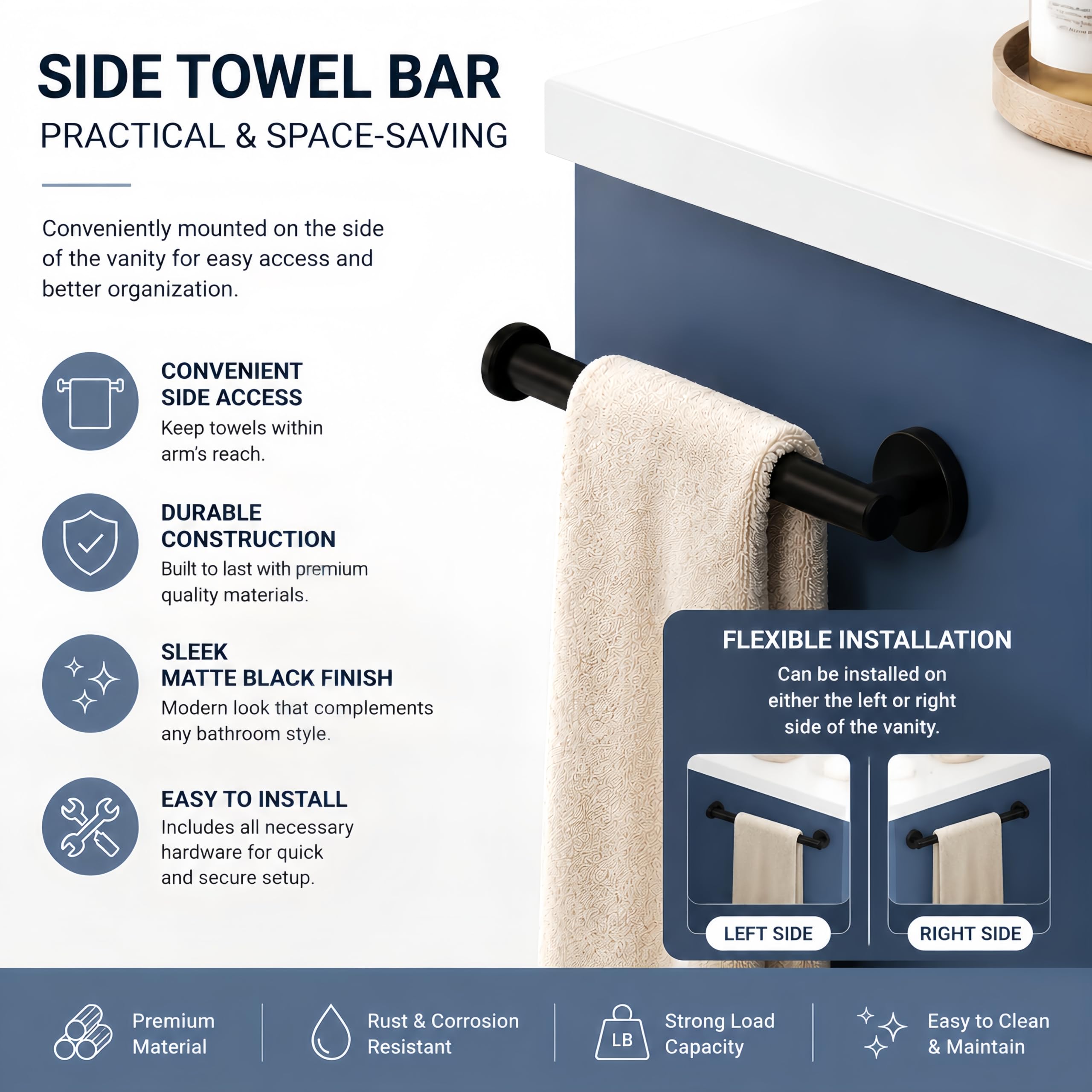 Mobile da bagno moderno da 91,4 cm con lavello in ceramica, 3 cassetti e 2 ante, mobiletto compatto autoportante con ripiano regolabile e barra portasciugamani reversibile