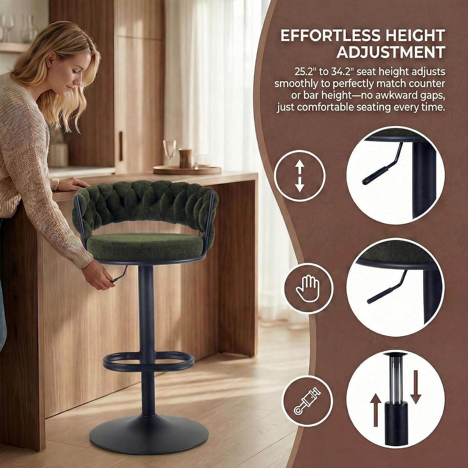Single Bar Stool Kitchen Counter Height Chair Barstool Modern Green | Chenille fabric upholstered seat with woven back, Farmhouse swivel adjustable bar islands chair metal leg & large footrest
