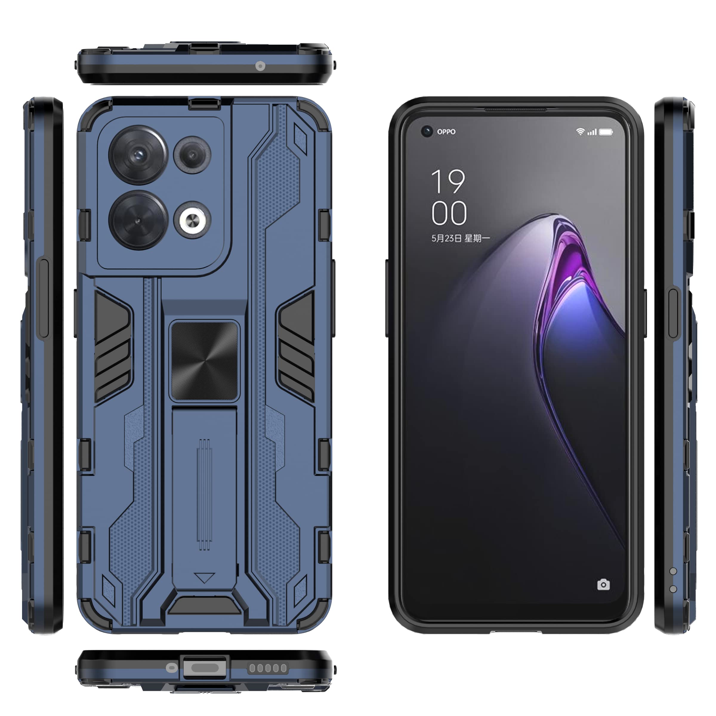 Compatible with Oppo Reno9 5G Case,Built-in Magnetic Car Kickstand Shockproof Case Compatible with Oppo Reno9 Pro 5G Case 2 in 1 Protective Cover Blue