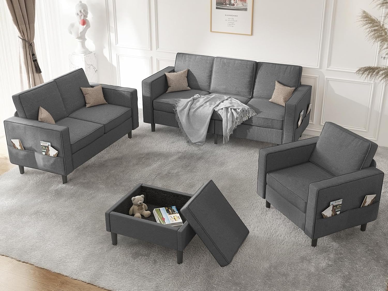 Mjkone 4 Pieces 78" W Sectional L Shaped Couches Set Living Room Sets Furniture, Small 3-Seater Sectional Sofa Couch and Loveseat Sets with Armchair and Storage Ottoman for Home Office Loft, Dark Grey