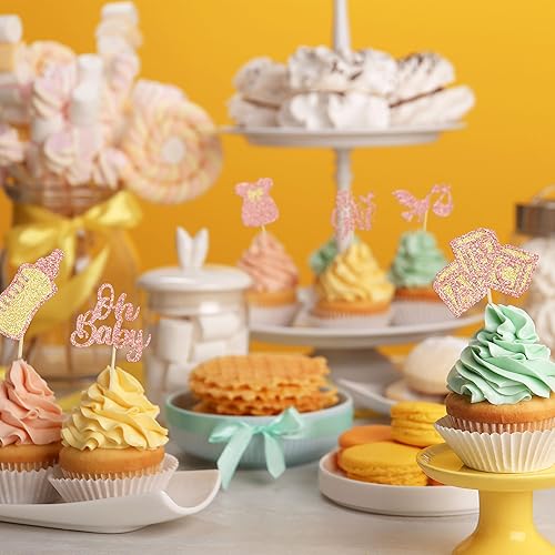 Miniatura 7 de Gyufise 24 piezas de decoración para cupcakes para baby shower, vestido con lazo con purpurina, biberón para cupcakes "It's a Girl", decoraciones de
