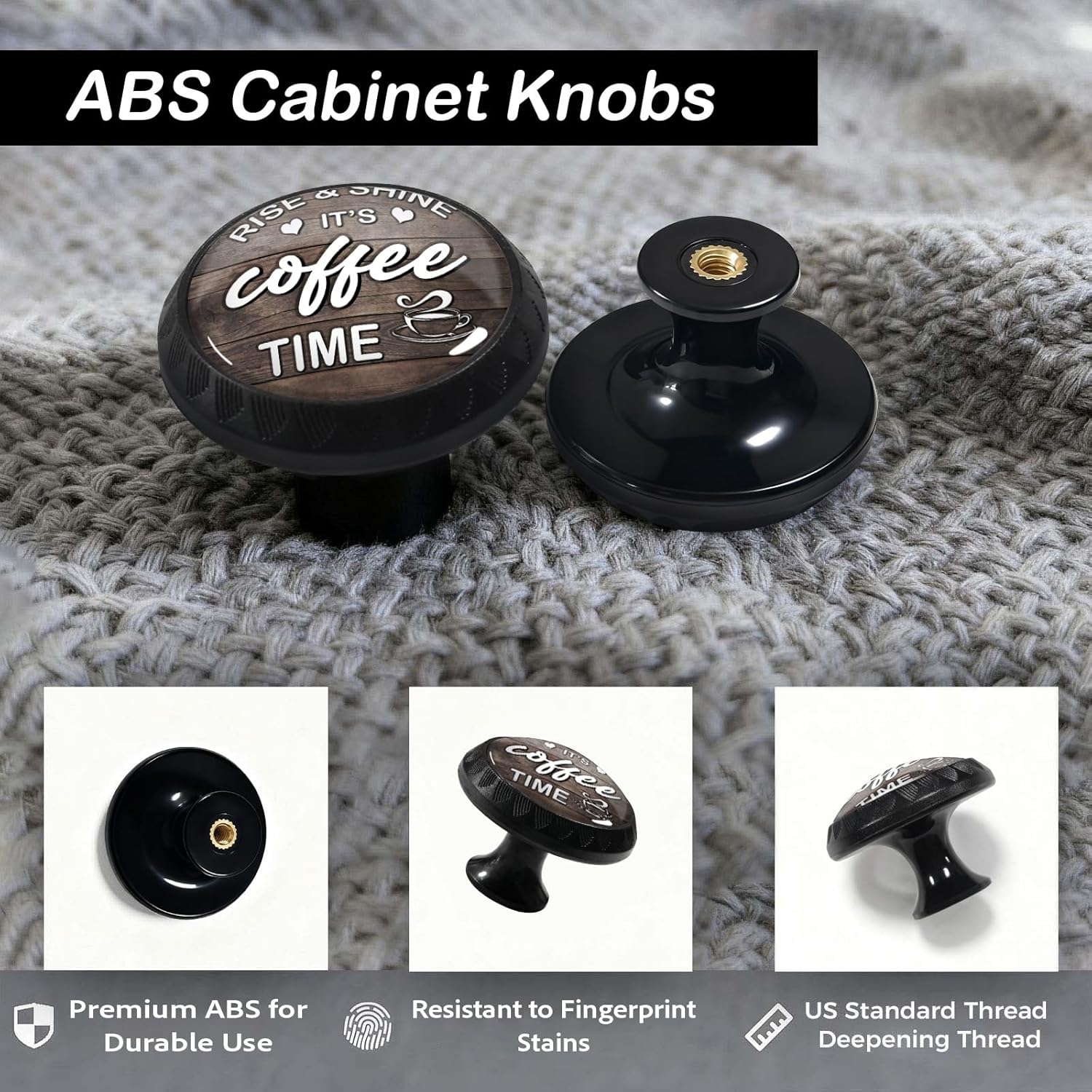 4 Pack Rise & Shine It's Coffee Time Kitchen Cabinet Knobs Round Drawer Pulls Dresser Cupboard Door Handles