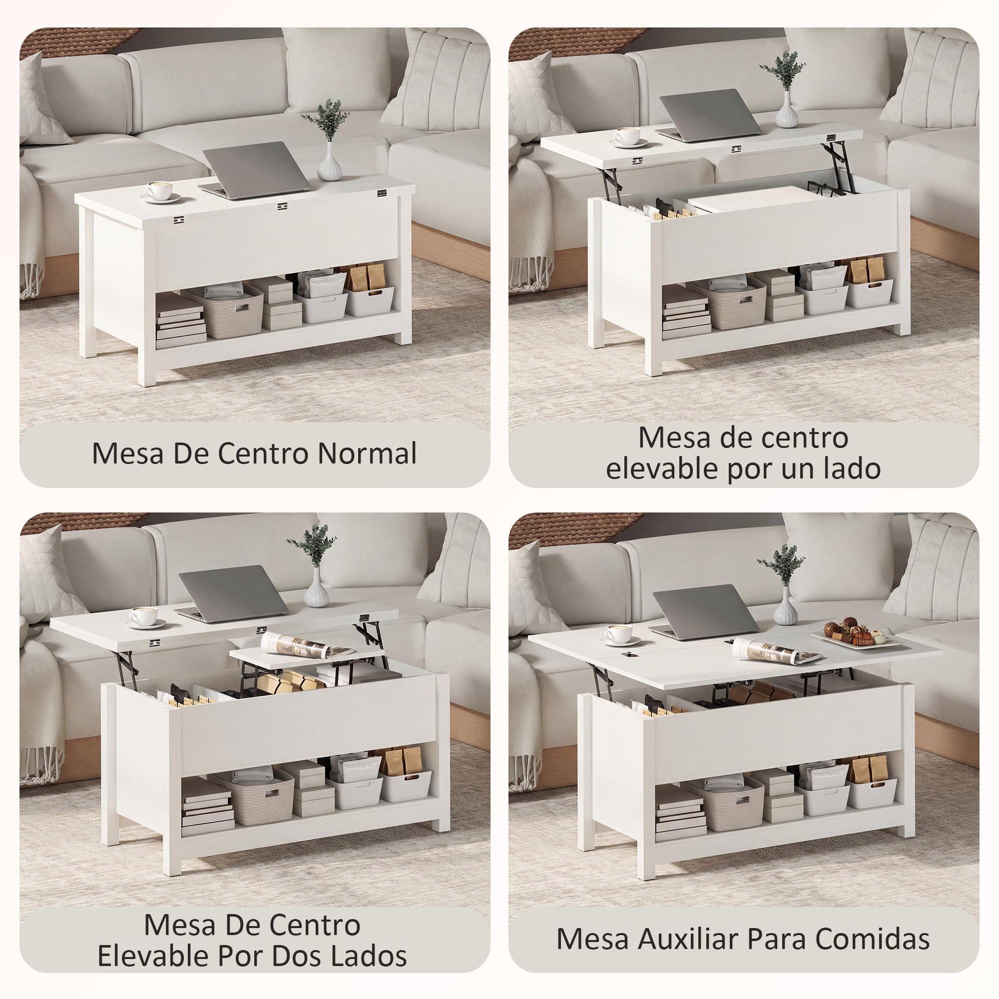 HOMCOM Mesa de Centro Elevable y Extensible Comedor 100x90x64 cm Blanco | Mesa de Salón con Compartimentos Ocultos, Estante Abierto, para Oficina