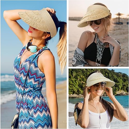 Miniatura 3 de Sombrero de paja con protección UV, visera de playa, sombrero de ala ancha, estampado de leopardo, enrollable, plegable para mujer