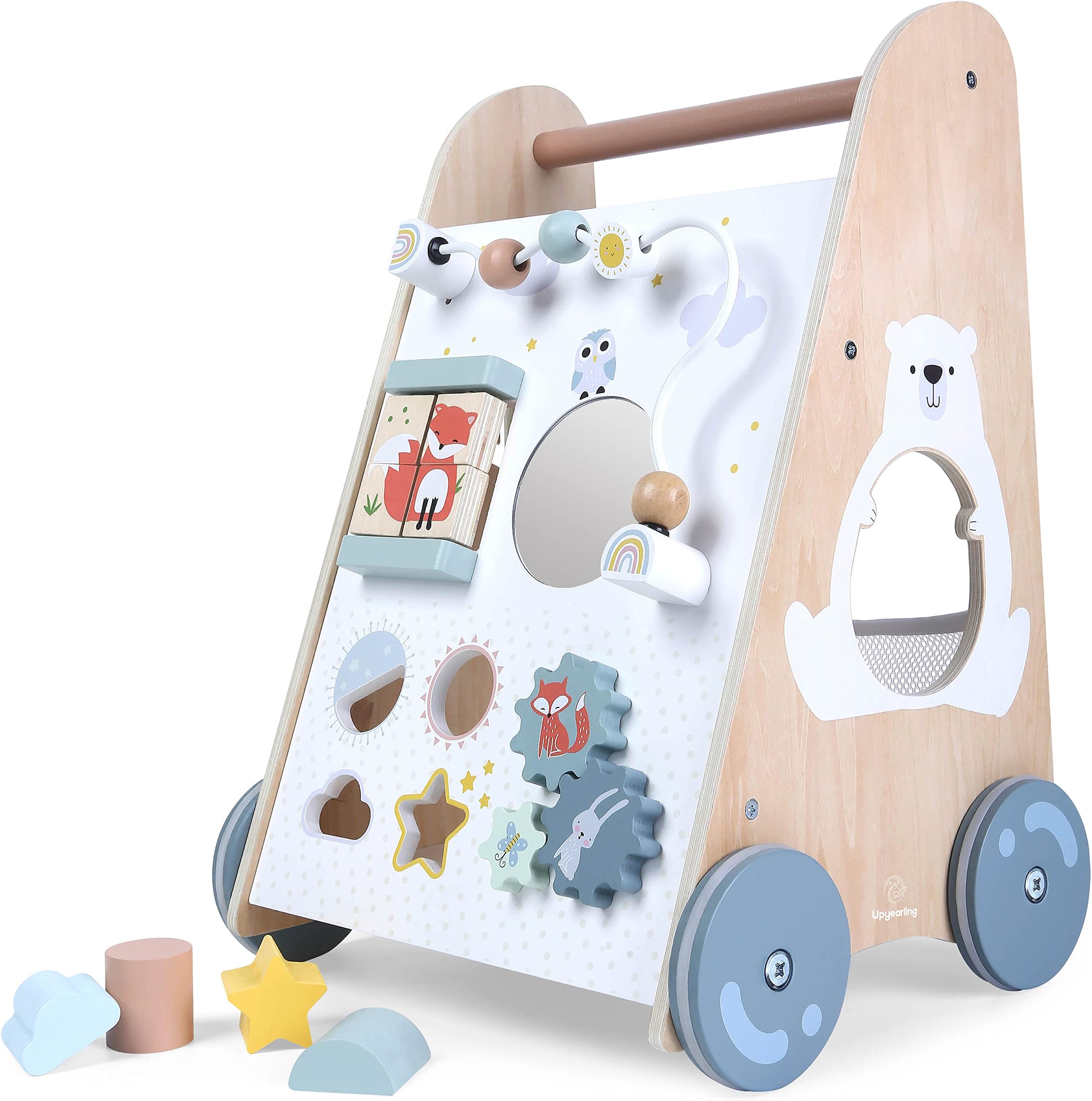 Wooden Baby Walker with Activity Center - Both Standing and Push Options - For Infants 10 to 12 months and Toddlers 1 Year Old and Up - Learn to Walk Toys for Boys and Girls - Babies Stand Up Activity
